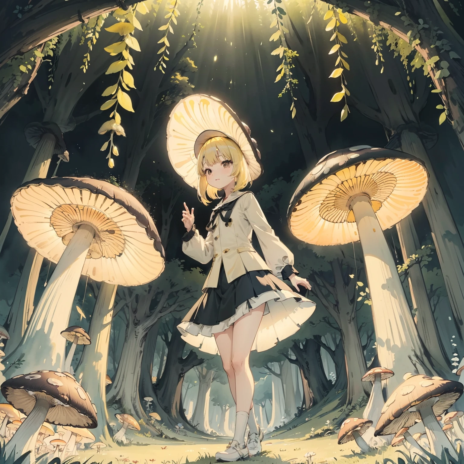 Beautiful and aesthetic,, Solo,Cute,Yellow hair,pleatedskirt，Dance，Cogumelos，Mushrooms，Huge mushrooms，spore，(glowing ambiance, enchanting glow, luminouslighting, Ethereal atmosphere,Watercolor illustration, Perfect anatomy, Masterpiece, Best quality, 1girll, Loli,elementary student,Nature, landscape