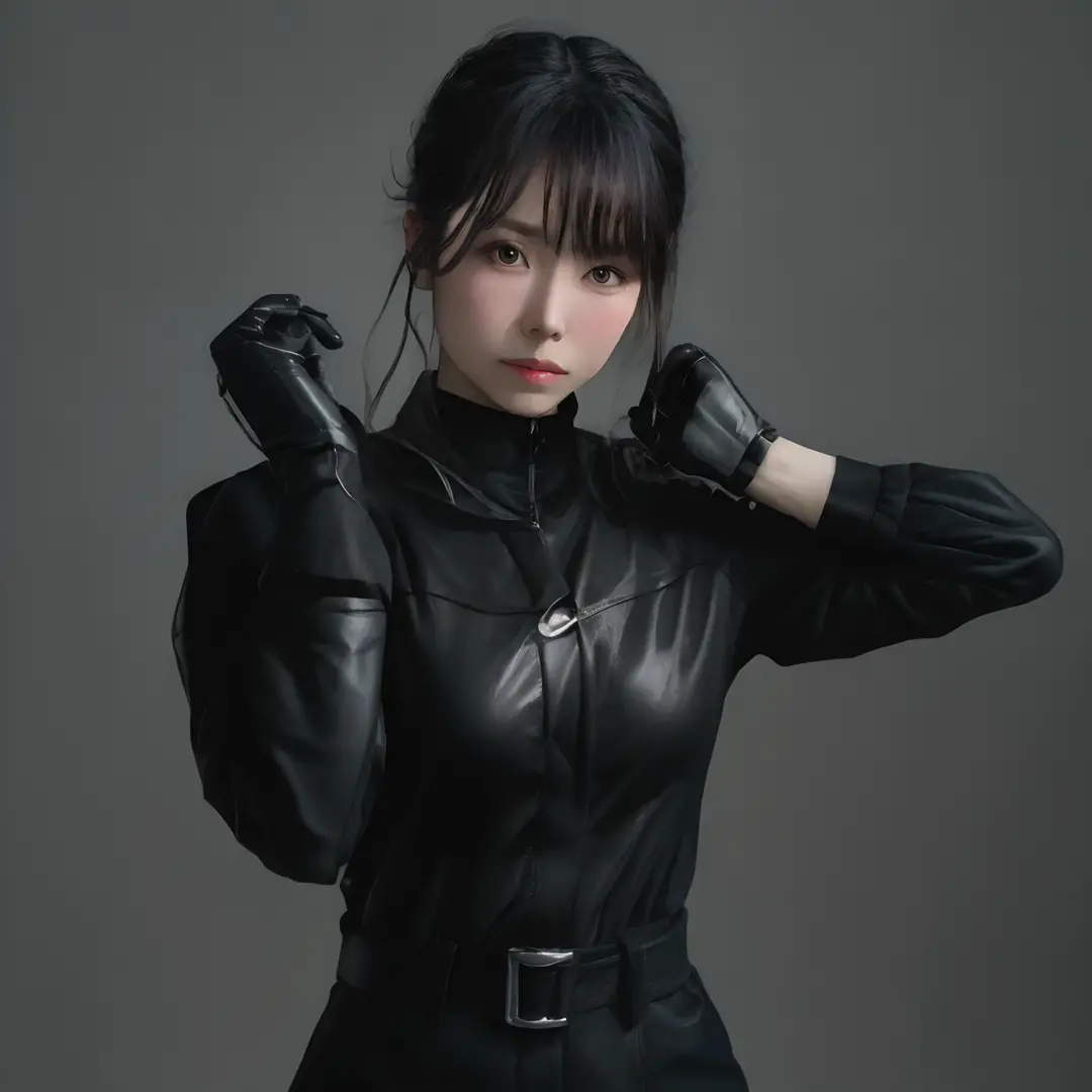 Young Japan woman lifting black suit up to shirt, Black leather gloves worn on both hands, Hands of a woman in a black suit and ...