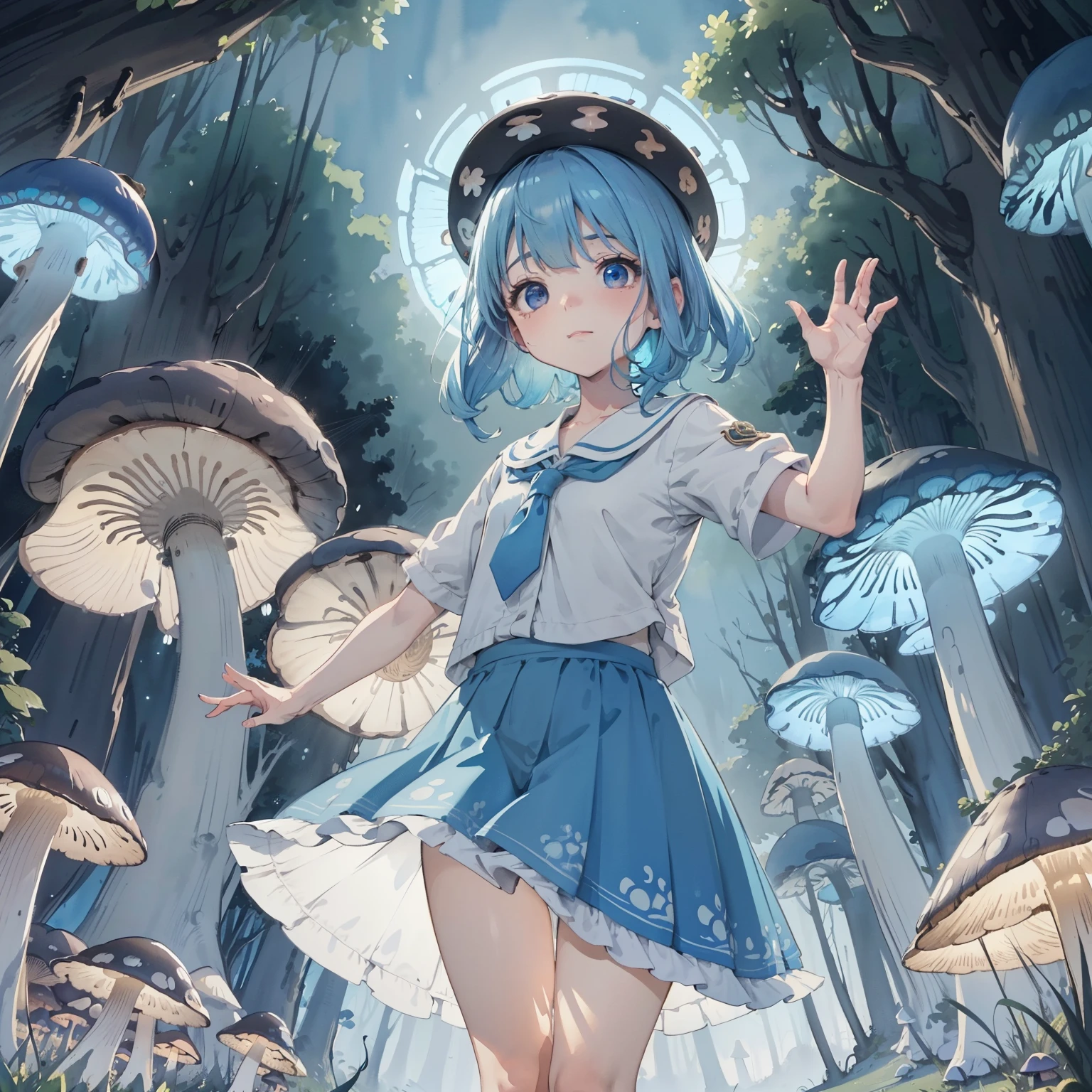 Beautiful and aesthetic,, Solo,Cute,Sky blue hair,pleatedskirt，Dance，Cogumelos，Mushrooms，Huge mushrooms，spore，(glowing ambiance, enchanting glow, luminouslighting, Ethereal atmosphere,Watercolor illustration, Perfect anatomy, Masterpiece, Best quality, 1girll, Loli,elementary student,Nature, landscape