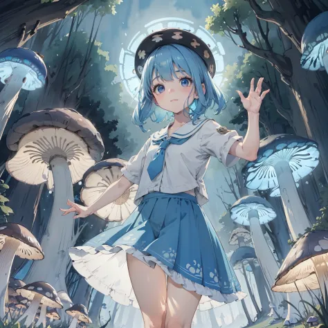 beautiful and aesthetic,, solo,cute,sky blue hair,pleatedskirt，dance，cogumelos，mushrooms，huge mushrooms，spore，(glowing ambiance,...