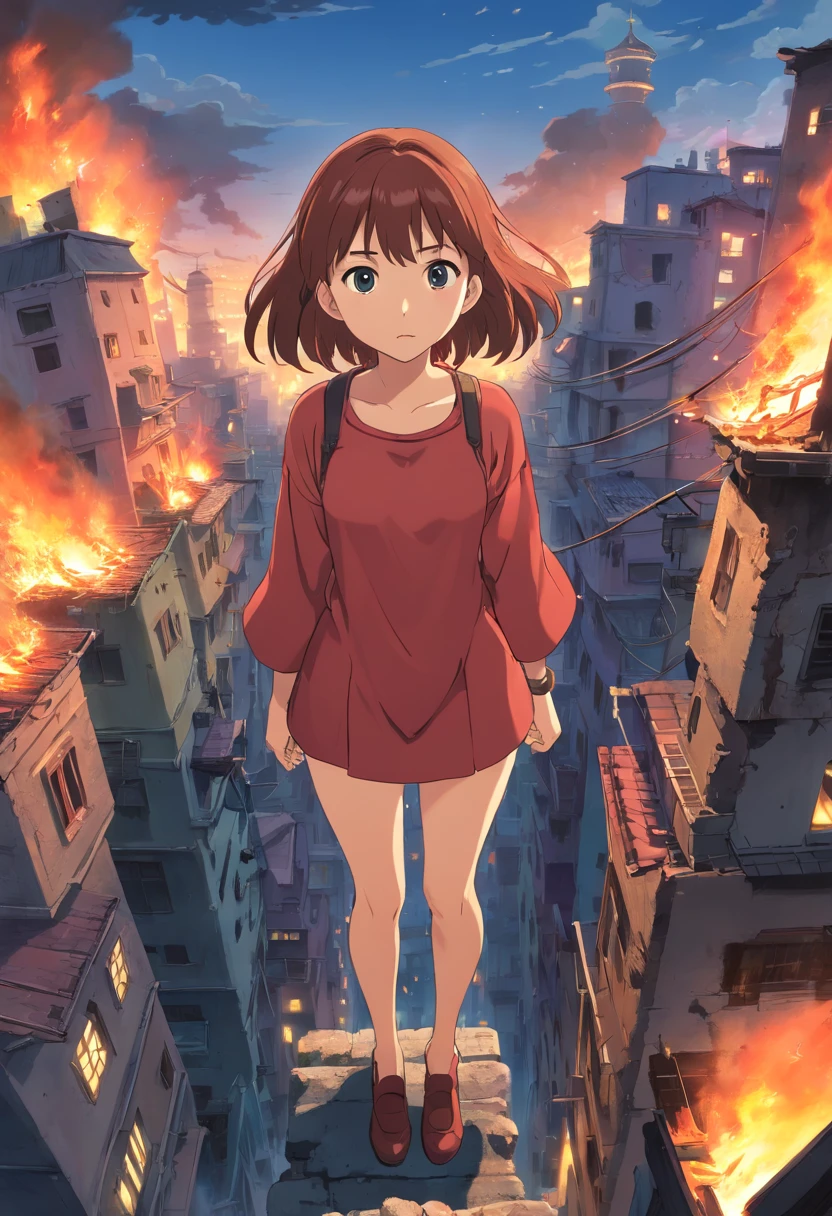 A girl standing on a ledge in a city with fire coming out of her - SeaArt AI