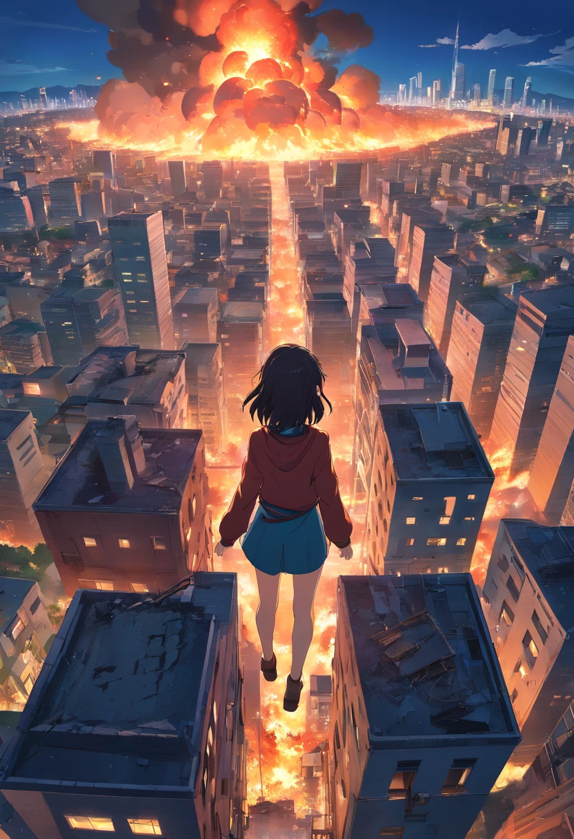 A girl standing on a ledge above a city with a huge explosion in the  background - SeaArt AI