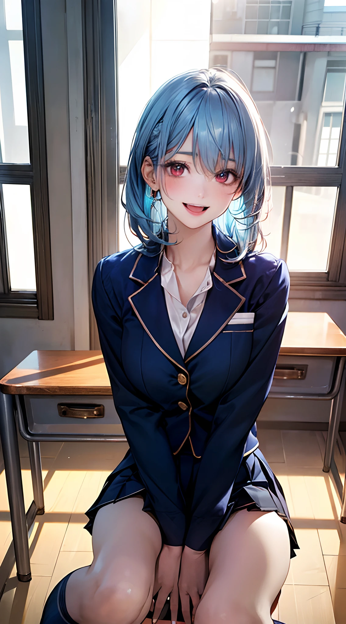 (masterpiece:1.2, top-quality), (realistic, photorealistic:1.4), beautiful illustration, NSFW, 
looking at viewer, cowboy shot, front view:0.8, 
1 girl, japanese, high school girl, light blue hair, (middle hair:1.6), bangs, hair between eye, red eyes, large breasts:0.8, (thick thighs), 
beautiful hair, beautiful face, beautiful detailed eyes, beautiful clavicle, beautiful body, beautiful chest, beautiful thigh, beautiful legs, beautiful fingers, 
(beautiful scenery), dawn, bright and refreshing classroom, desks, chairs, curtains, 
((navy blazer, pleated mini skirt, navy blue socks, private school uniform:1.2)), pink panties, 
(swollen), ((seductive posture: 1.2, attractiveness: 1.2)), (idle),
(erotic, sexy, upper eyes, smiling smile: 1.2), shiny skin, open mouth, 
perfect face, cute and symmetrical face, natural side lighting, movie lighting), 
sitting chair, (hands between legs),