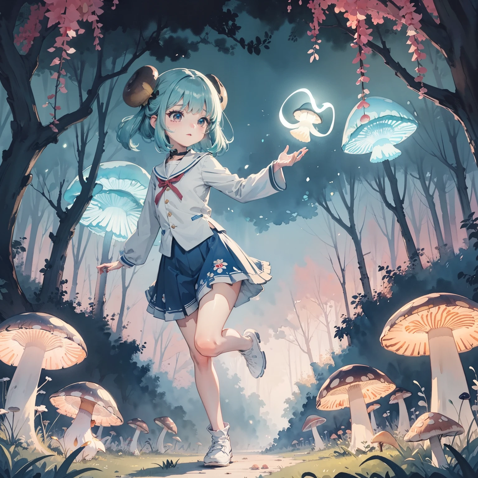 Beautiful and aesthetic,, Solo,Cute,colorfulhair,pleatedskirt，Dance，Cogumelos，Mushrooms，Huge mushrooms，spore，(glowing ambiance, enchanting glow, luminouslighting, Ethereal atmosphere,Watercolor illustration, Perfect anatomy, Masterpiece, Best quality, 1girll, Loli,elementary student,Nature, landscape