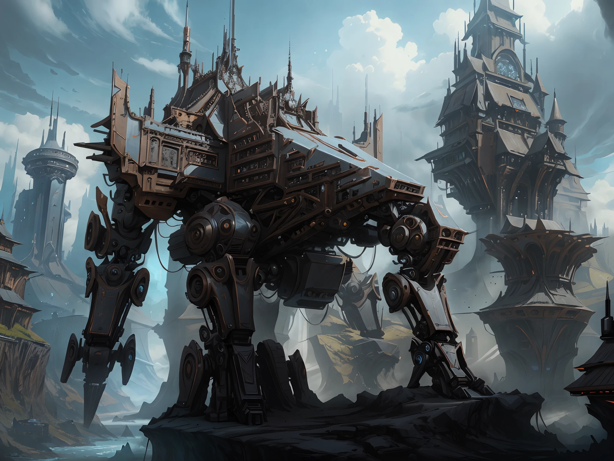 Futuristic Gothic castle body robot, High quality digital concept art, epic fantasy concept art, concept-art | feng zhu, senior concept artist, Epic digital concept art, fantasy concept art, steampunk concept art, stunning concept art, epic fantasy sci fi illustration, award winning concept artist, high-quality concept art, stunning concept art