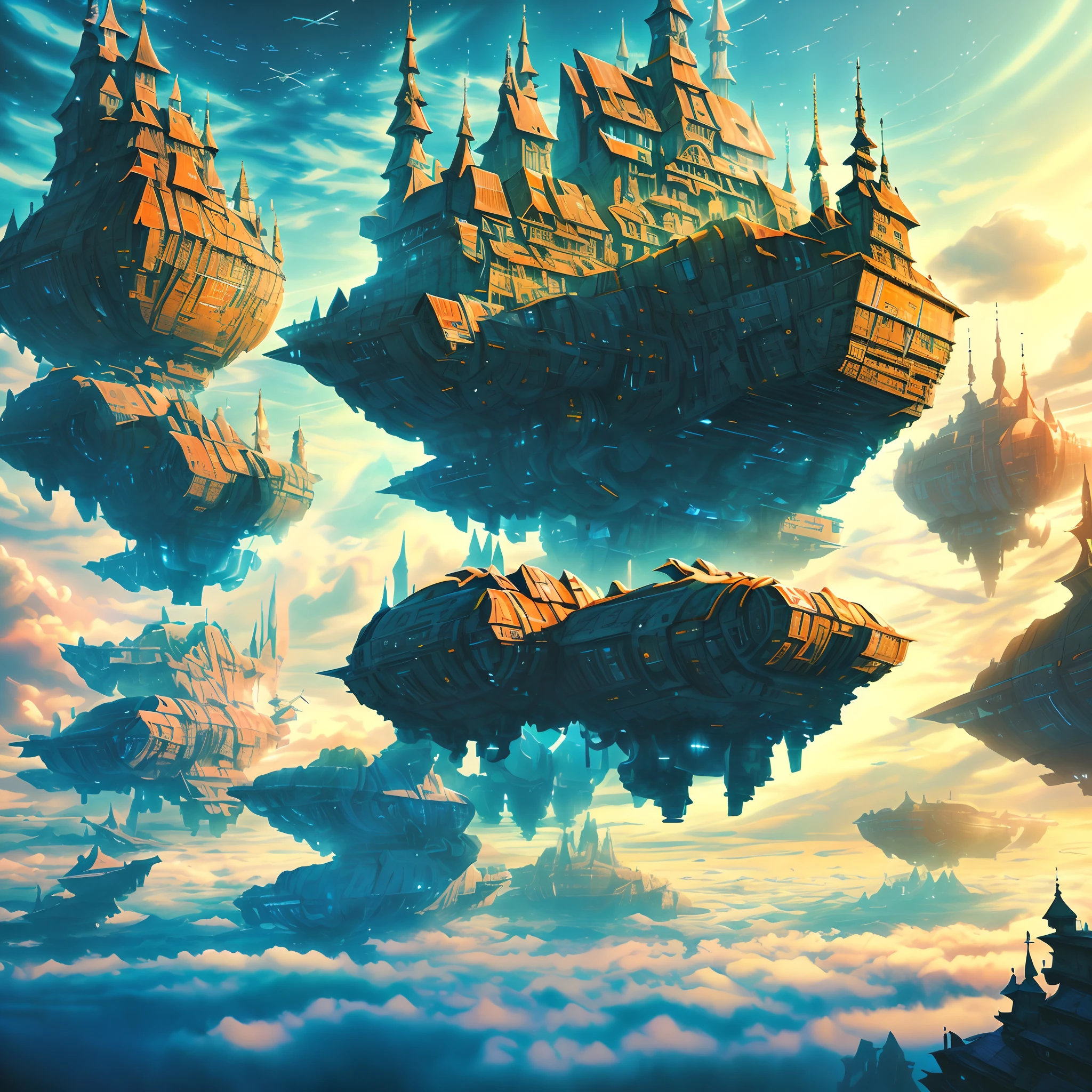 斯塔维德城堡人工智能战斗机甲，在雲層之上，星際航行，巨大的高科技浮動哥德式城堡，在雲層之上，巨大的移動哥德式城堡，漂浮的哥德式城堡，(雲海:1.3)，未来派女性未来派浮动城堡与未来派未来派浮动城堡背景, 靈感來自馬雷克·奧康, 美麗的科幻藝術, 科幻數位藝術插畫, 數位賽博朋克藝術, 科幻數位繪畫, 未來主義數位繪畫, 未來主義概念藝術, 科幻漂浮城堡景观前, 科幻數位藝術, 先進的數位賽博龐克藝術, 夢幻賽博龐克女孩