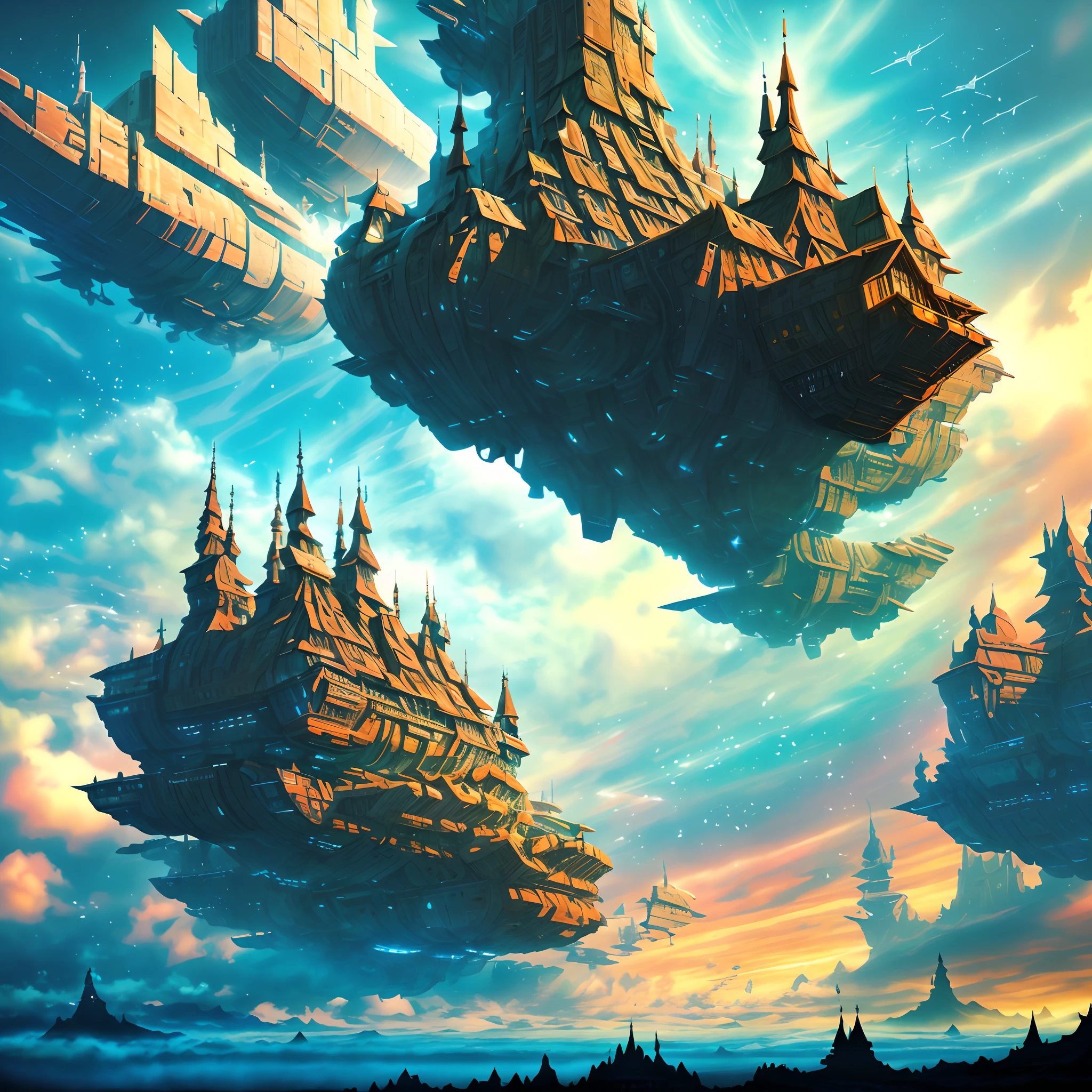 斯塔维德城堡人工智能战斗机甲，在雲層之上，星際航行，巨大的高科技浮動哥德式城堡，在雲層之上，巨大的移動哥德式城堡，漂浮的哥德式城堡，(雲海:1.3)，未来派女性未来派浮动城堡与未来派未来派浮动城堡背景, 靈感來自馬雷克·奧康, 美麗的科幻藝術, 科幻數位藝術插畫, 數位賽博朋克藝術, 科幻數位繪畫, 未來主義數位繪畫, 未來主義概念藝術, 科幻漂浮城堡景观前, 科幻數位藝術, 先進的數位賽博龐克藝術, 夢幻賽博龐克女孩