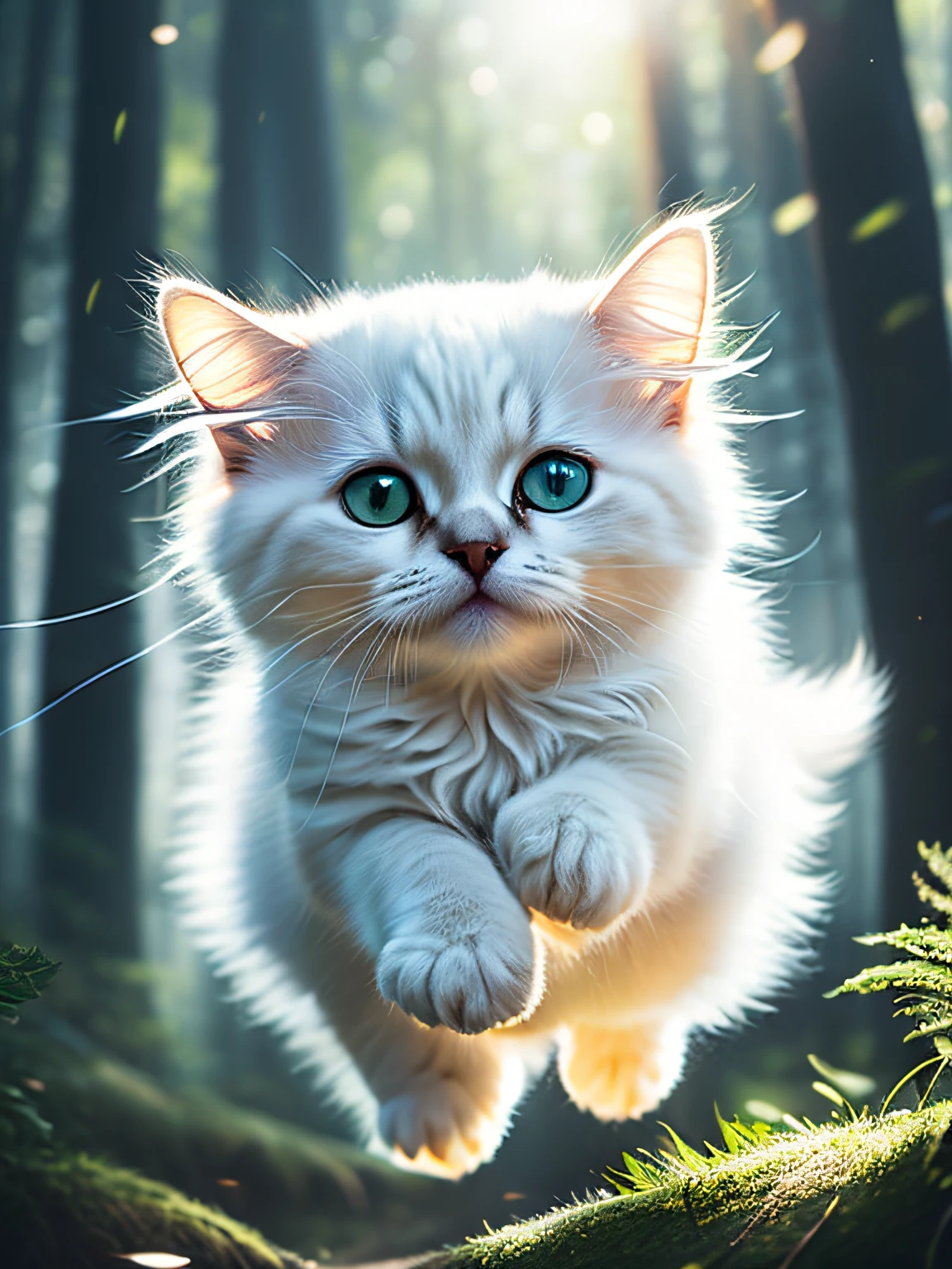 close up photo of a very cute jumping super fluffy white kitten in the forest, soft volumetric lights, (backlit:1.3), (cinematic:1.2), intricate details, (ArtStation:1.3), Rutkowski