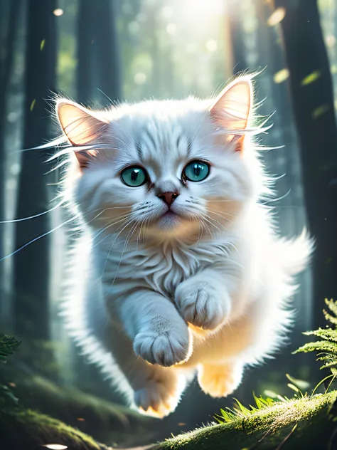 close up photo of a very cute jumping super fluffy white kitten in the forest, soft volumetric lights, (backlit:1.3), (cinematic...