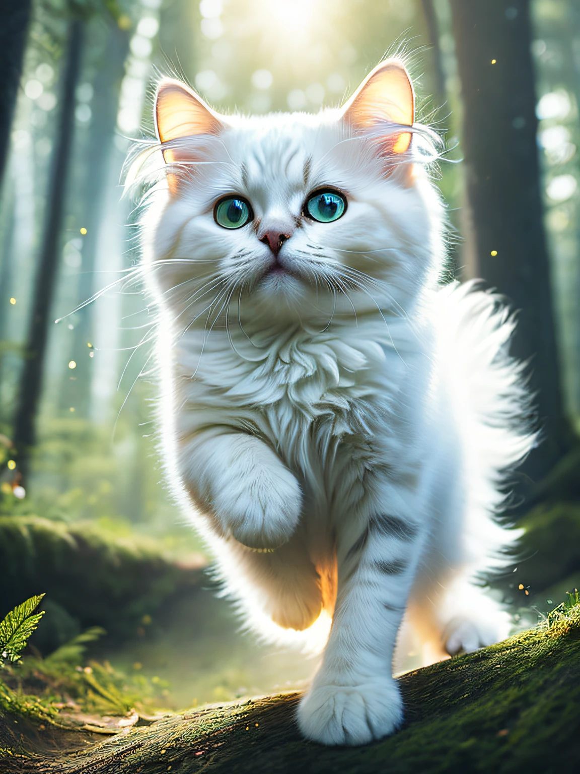 Foto de cerca de un gatito blanco súper esponjoso saltando muy lindo en el bosque, luces volumétricas suaves, (Retroiluminado:1.3), (cinematográfico:1.2), detalles intrincados, (Estación de arte:1.3), Rutkowski
