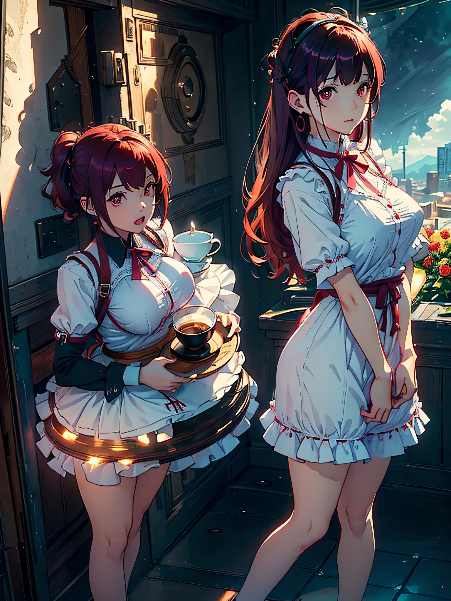 Maid girl, red eyes, burgundy hair, perfect skin, large hoop earrings, mouth piercing, sculptural body, serving coffee, Maid Cafe, full body (ultra-realistic), {extremely detailed 8k CG unity wallpaper}, photography by expansive landscape, (a centered view that prioritizes the sky and the entire environment, wide open field view), (low angle photo), (high light: 1.6), (low light: 1.2), (warm light source : 1.5), complex details, (iridescent colors: 1.5), (bright lighting), (atmospheric lighting), dreamy, servant, beauty