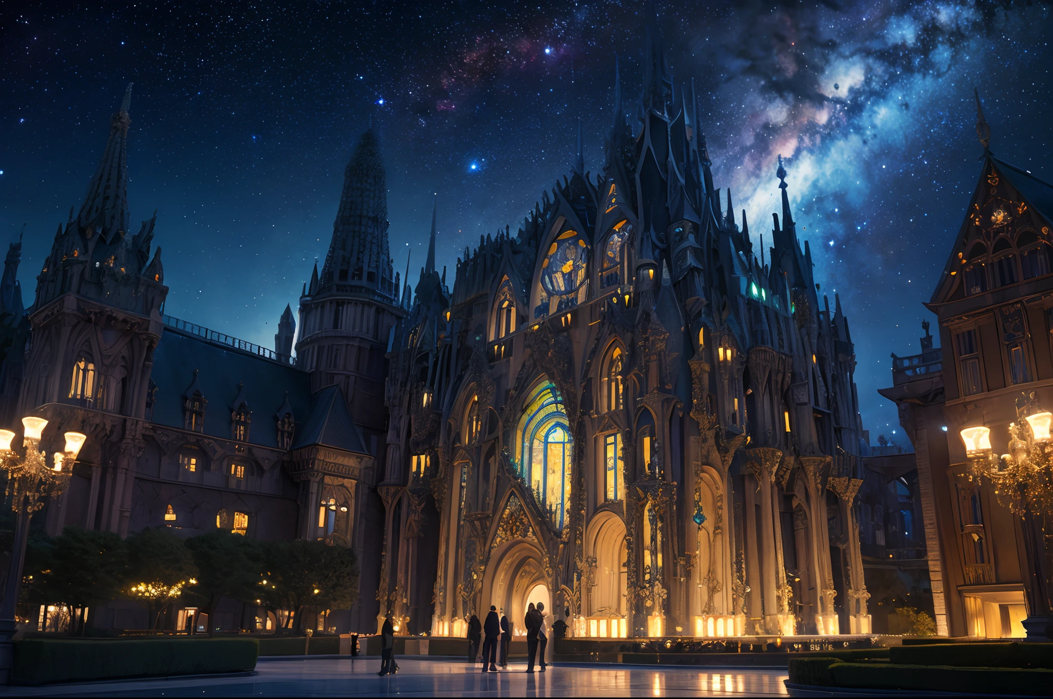 A giant ((space ship with a glass domo1.5)), carrying a beautiful elvish castle inside, art nouveau, Gaudí inspired with curved lines, some windows slightly illuminated, surrealistic, illuminated by stars, deep black starry sky with nebula as background, dreamy.