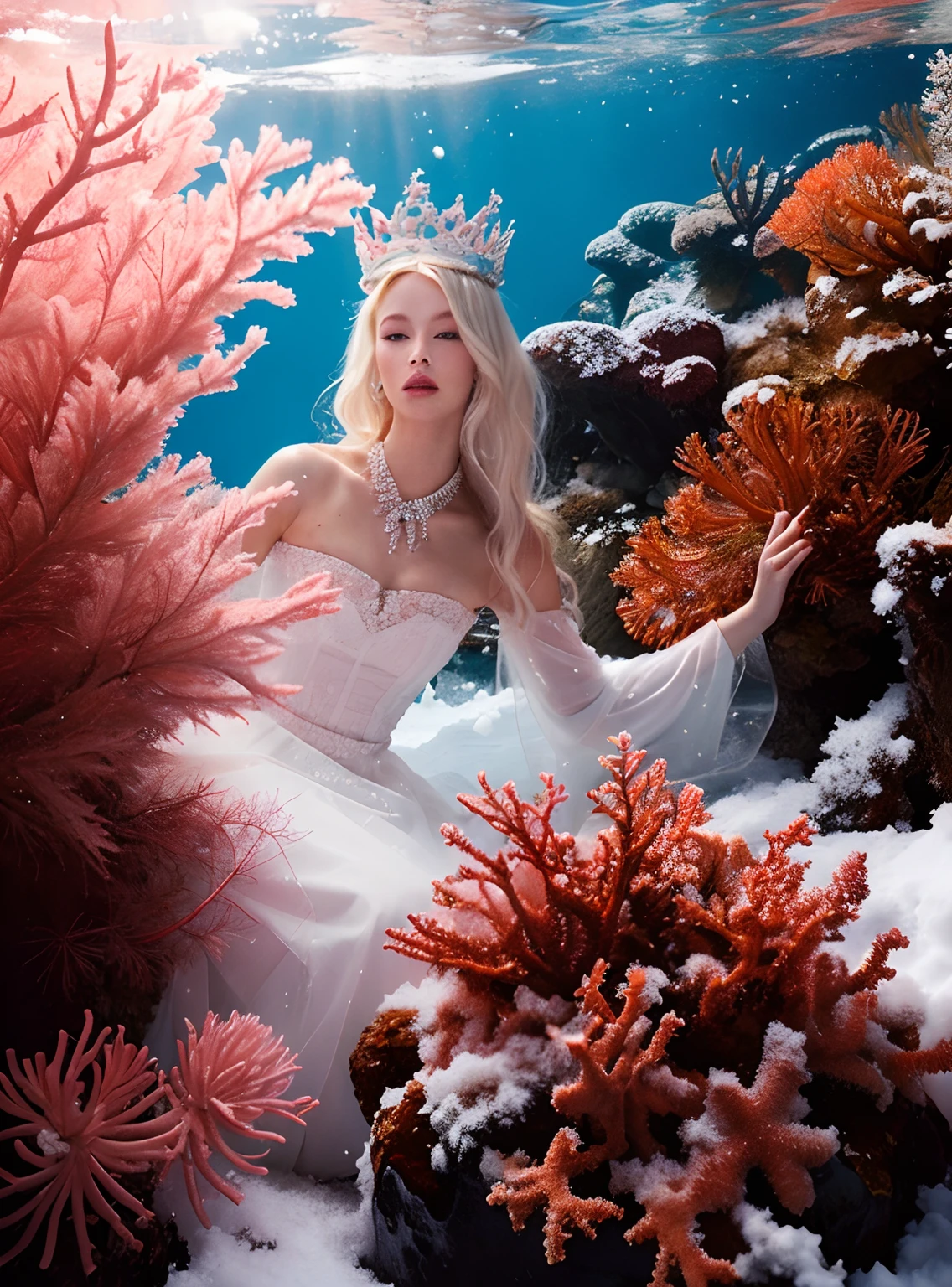 a woman, snow covered ground, under the water, nick knight, covered in coral and barnacles, fashion, crystalline translucent, swirly, crown, sea anemone, [white:blond] hair