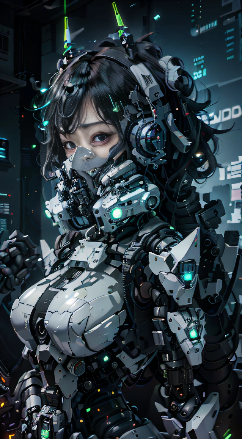 A black、cyber punk style、ultra - detailed、A high resolution、Long white messy hair、the breasts are large、delicated face、A beautiful girl wearing a mech mask stands in the ruins.、Behind her is a giant robot、Heavy sniper beam rifle in hand、(Luminous Particle:1.4)、(extremaly detailed cg、Unity 8k Wallpapers、。.3D、lighting like a movie、lense flares)、Reflectors、foco nítido、Cyberpunk art of a、Cyberpunk architecture、