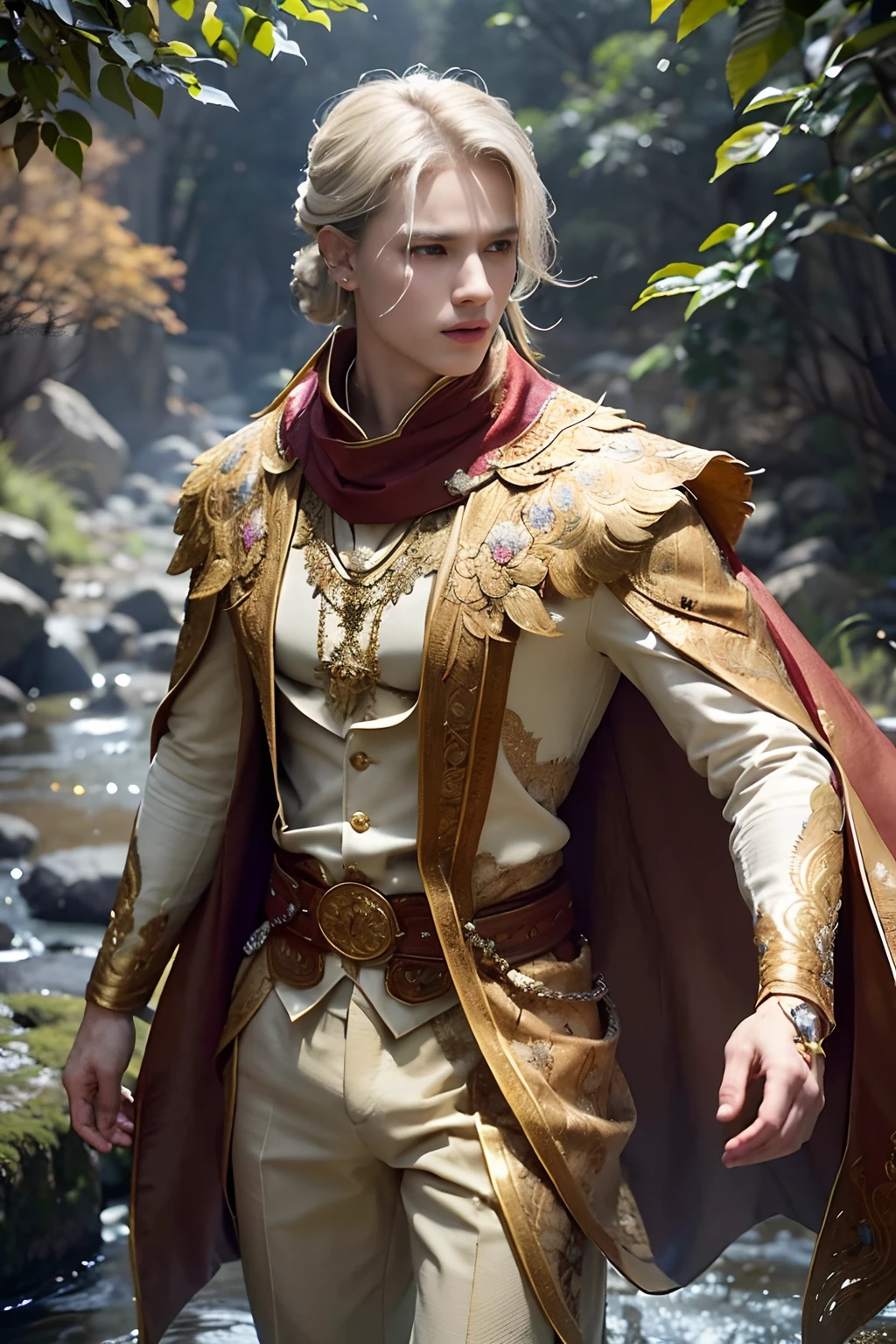 (1male) ,,A young man standing by a river in the middle of the forest........., With the serpent as the backdrop...................Linewichit Style, (Updo Gold:1.2),(Medium Full Shot) (Wear platinum armor.....:1.2), (Gold leather jacket:1.2)(Golden Armor :1.1) (And the cloak of gold.....:1.1).................,Staring at the audience,(Long gold scarf: 1.1) (capes:1.2) Royal Style (embroidery:1.5)A kind smile (Long golden hairstyle blown by the wind)., (Lakshmangakot Gorket Poldron Gold :1.3),​(masterpiece:1.2) (illustration:1.1) (bestquality:1.2) (Detailed) (intricate) (10) (HDR) (wallpaper) (Cinematic lighting)