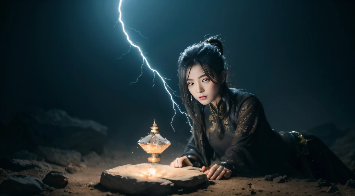 Kunlun Mountain，The black-haired fairy descends the mountain，Bajiquan stunts，Pure mantra hard ginseng，full bodyesbian，Combat posture，Low viewing angle，Dim background，It was surrounded by a large amount of thick white fog，（（an extremely delicate and beautiful one），（（Brunette hair all over the body）），（（lightning in hand）），Lightning surrounds the dark-haired woman，（（lightning chain）），Taoist temple，Taiqing Palace，Suspended crystals，There is lightning inside the crystal，unreal-engine，Masterpiece， the highest picture quality，Highest resolution，8k,Extremely detailed images，Moon light，Shadow optimization，Realistic style，Black Haired Woman