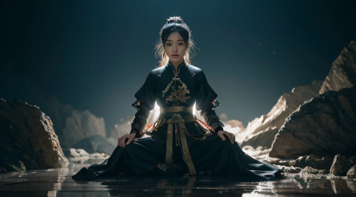 Kunlun Mountain，The black-haired fairy descends the mountain，Bajiquan stunts，Pure mantra hard ginseng，full bodyesbian，Combat posture，Low viewing angle，Dim background，It was surrounded by a large amount of thick white fog，（（an extremely delicate and beautiful one），（（Brunette hair all over the body）），（（lightning in hand）），Lightning surrounds the dark-haired woman，（（lightning chain）），Taoist temple，Taiqing Palace，Suspended crystals，There is lightning inside the crystal，unreal-engine，Masterpiece， the highest picture quality，Highest resolution，8k,Extremely detailed images，Moon light，Shadow optimization，Realistic style，Black Haired Woman