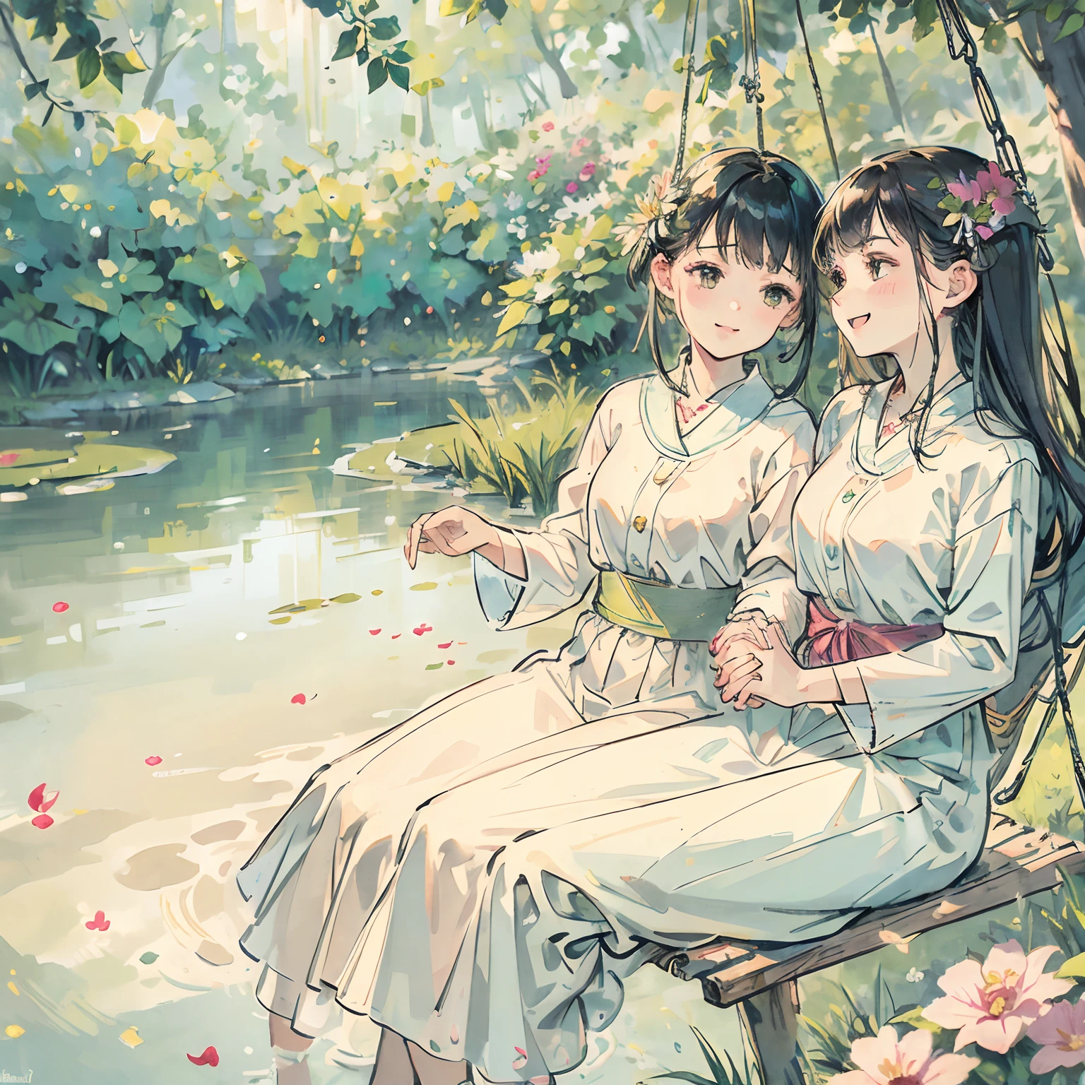 Anime girl sitting on a swing with a friend - SeaArt AI