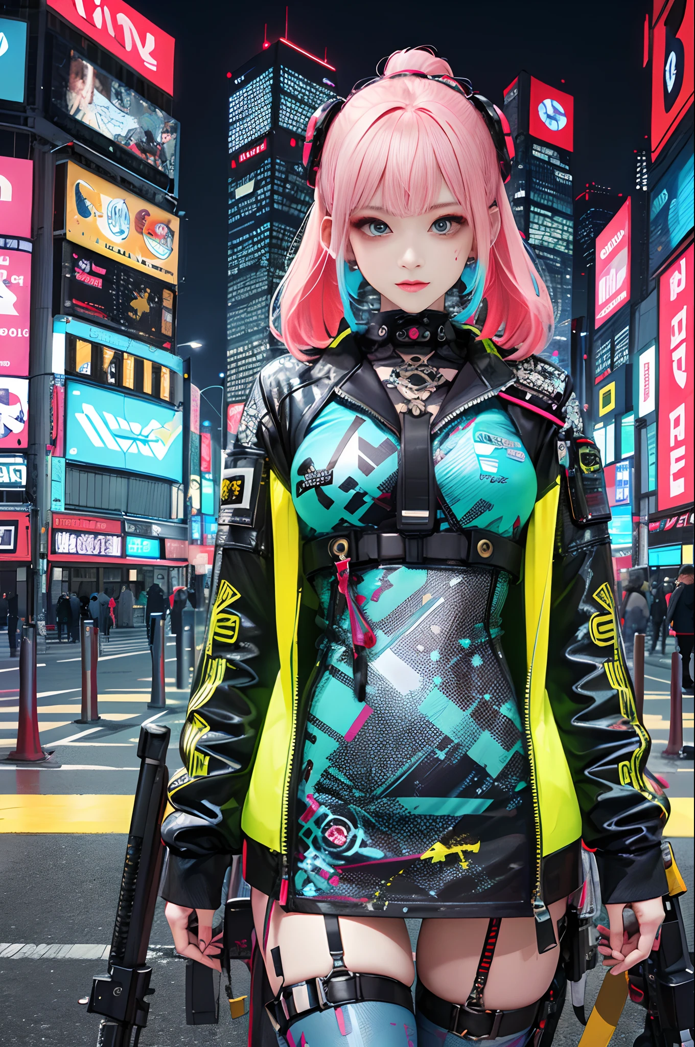 chef-d&#39;œuvre, Meilleure qualité,
1 fille cyberpunk, regarder le spectateur, tir de cow-boy, 
Fille confiante avec une expression légèrement impertinente, Tenue pop d&#39;inspiration Harajuku, couleurs et motifs audacieux, des accessoires accrocheurs, coiffure tendance et innovante, maquillage vibrant, Paysage urbain Cyberpunk éblouissant, futuriste et ordonné, grattes ciels, enseignes au néon, lumières LED, palette de couleurs vives et vives,
animé, illustration,  beau visage détaillé, détails complexes, ultra détaillé,