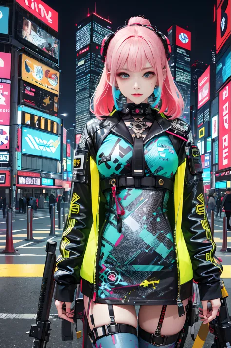 masterpiece, best quality,
1 cyberpunk girl, looking at viewer, cowboy shot, 
Confident girl with slightly sassy expression, Har...