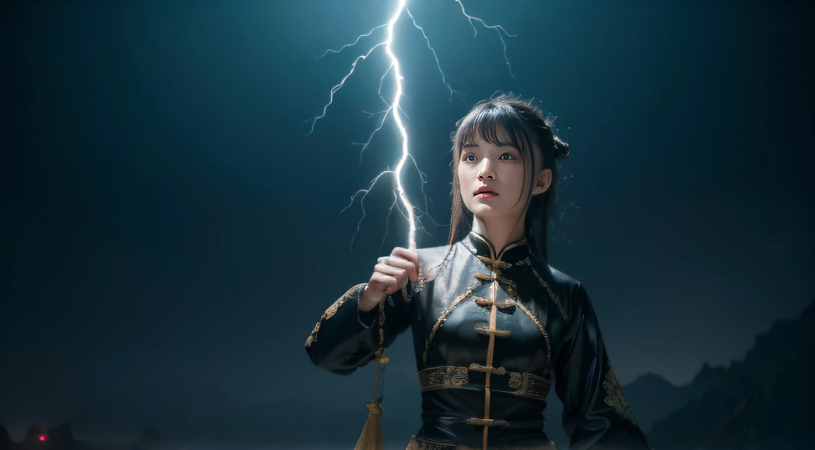 Kunlun Mountain，The black-haired fairy descends the mountain，Bajiquan stunts，Pure mantra hard ginseng，full bodyesbian，Combat posture，Low viewing angle，Dim background，It was surrounded by a large amount of thick white fog，（（an extremely delicate and beautiful one），（（Brunette hair all over the body）），（（lightning in hand）），Lightning surrounds the dark-haired woman，（（lightning chain）），Taoist temple，Taiqing Palace，Suspended crystals，There is lightning inside the crystal，unreal-engine，Masterpiece， the highest picture quality，Highest resolution，8k,Extremely detailed images，Moon light，Shadow optimization，Realistic style，Black Haired Woman