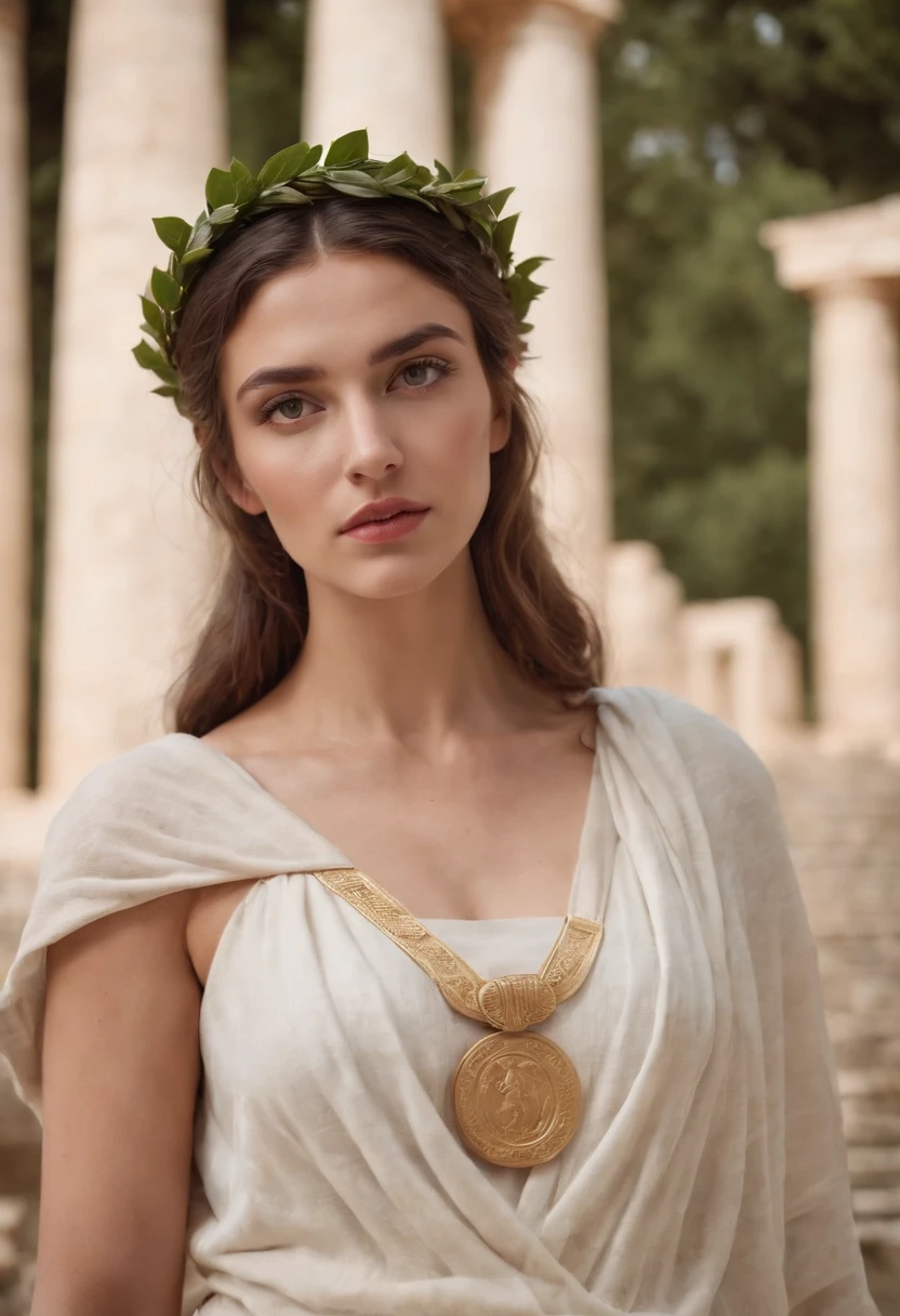 greek beautiful woman at greek temple, toga and laurel wreath