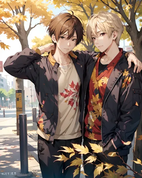 (masutepiece:1.4), (Best Quality:1.2), (2male),gay male relationship,CASIO,autumnal, Beside Park,eyecontact,yaoi pose