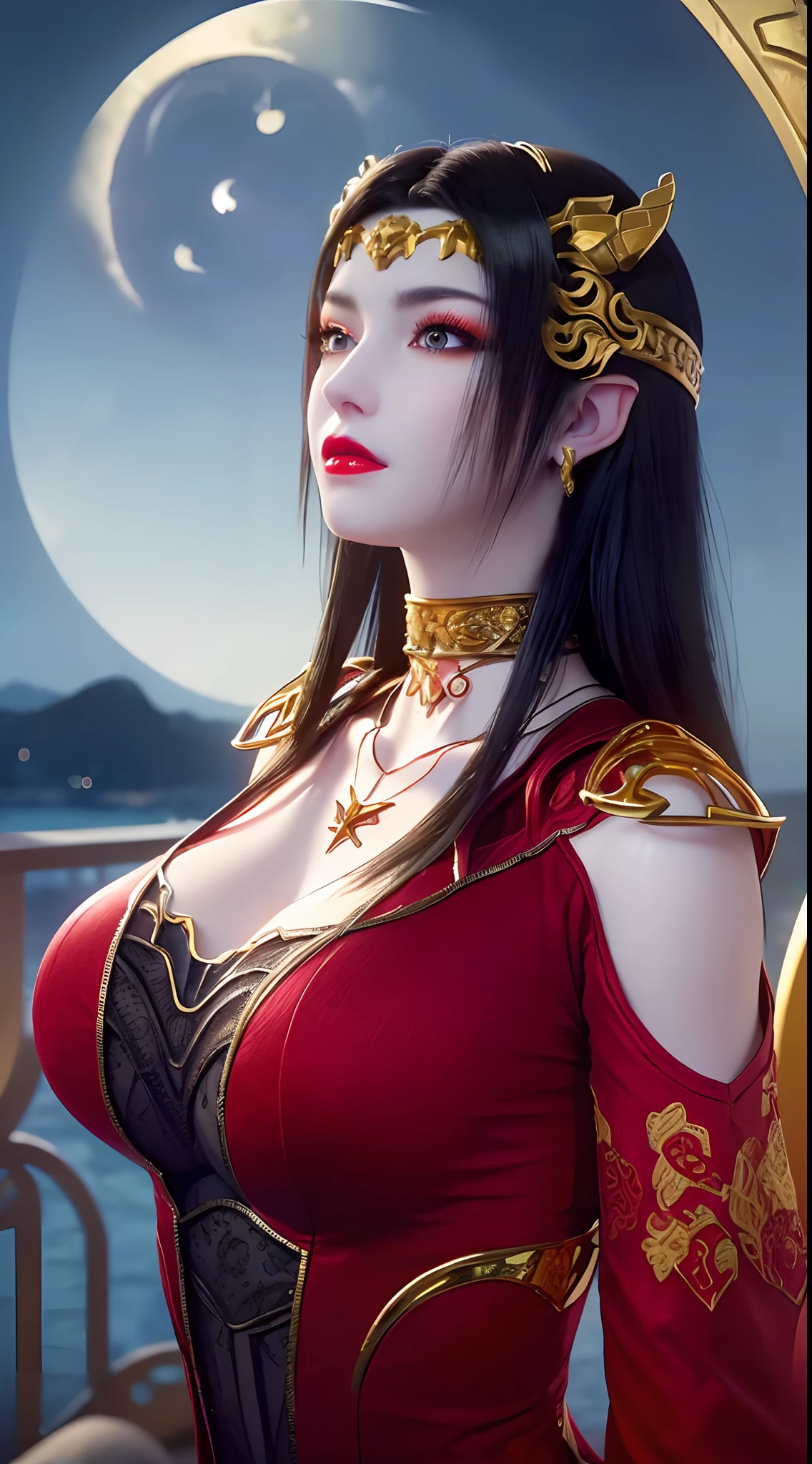 1 extremely beautiful queen, ((wears a red traditional Han costume with thin black patterns:1.6)), (((Patterns on clothes:1.6))), ((long black hair:1.6)), jewelry elaborately made from precious stones and beautiful hair, ((wearing a 24k gold lace necklace:1.4))), the noble, noble style of an extremely beautiful girl, her small face is super cute, her face is very pretty, thin eyebrows, flawless beautiful face, ((black eye pupils: 0.8)), very beautiful eyes, ((platinum blue eyes: 1.6)), (((big round eyes:1.6))), nice makeup and hair detailed eyelashes, steamy eye makeup, high nose, earrings, red lips, ((closed mouth: 1.5)) beautiful lips, slim hands, most beautiful thighs, ((arms spread out to the sides: 1.5)), rosy face, clean face, flawless beautiful face, smooth white skin, (big breasts: 1.5)), ((high breasts: 1.6)), tight breasts, beautiful cleavage, (((big breasts and super round: 1.8))), ((super tight breasts: 1.7)) , beautiful breasts, perfect body, back arms, chest out, thin black mesh stockings with black lace trim, 8k photo, super high quality, super realistic, super 10x pixels, optical, bright studio, bright edges, dual-tone lighting, (high-detail skin:1.2), super 8k, soft lighting, high quality, volumetric lighting, photorealistic, photorealistic high resolution, lighting, best photo, 4k, 8k quality, blur effect, smooth sharp, 10 x pixel, ((sea and moonlight at night background:1.5)), aurora, lightning, super graphics realistic, most realistic graphics, 1 girl, alone, solo, Extremely sharp image, surreal, (((frontal portrait: 1)))."