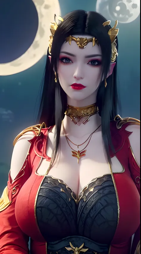 1 extremely beautiful queen, ((wears a red traditional Han costume with thin black patterns:1.6)), (((Patterns on clothes:1.6))), ((long black hair:1.6)), jewelry elaborately made from precious stones and beautiful hair, ((wearing a 24k gold lace necklace:1.4))), the noble, noble style of an extremely beautiful girl, her small face is super cute, her face is very pretty, thin eyebrows, flawless beautiful face, ((black eye pupils: 0.8)), very beautiful eyes, ((platinum blue eyes: 1.6)), (((big round eyes:1.6))), nice makeup and hair detailed eyelashes, steamy eye makeup, high nose, earrings, red lips, ((closed mouth: 1.5)) beautiful lips, slim hands, most beautiful thighs, ((arms spread out to the sides: 1.5)), rosy face, clean face, flawless beautiful face, smooth white skin, (big breasts: 1.5)), ((high breasts: 1.6)), tight breasts, beautiful cleavage, (((big breasts and super round: 1.8))), ((super tight breasts: 1.7)) , beautiful breasts, perfect body, back arms, chest out, thin black mesh stockings with black lace trim, 8k photo, super high quality, super realistic, super 10x pixels, optical, bright studio, bright edges, dual-tone lighting, (high-detail skin:1.2), super 8k, soft lighting, high quality, volumetric lighting, photorealistic, photorealistic high resolution, lighting, best photo, 4k, 8k quality, blur effect, smooth sharp, 10 x pixel, ((sea and moonlight at night background:1.5)), aurora, lightning, super graphics realistic, most realistic graphics, 1 girl, alone, solo, Extremely sharp image, surreal, (((frontal portrait: 1)))."