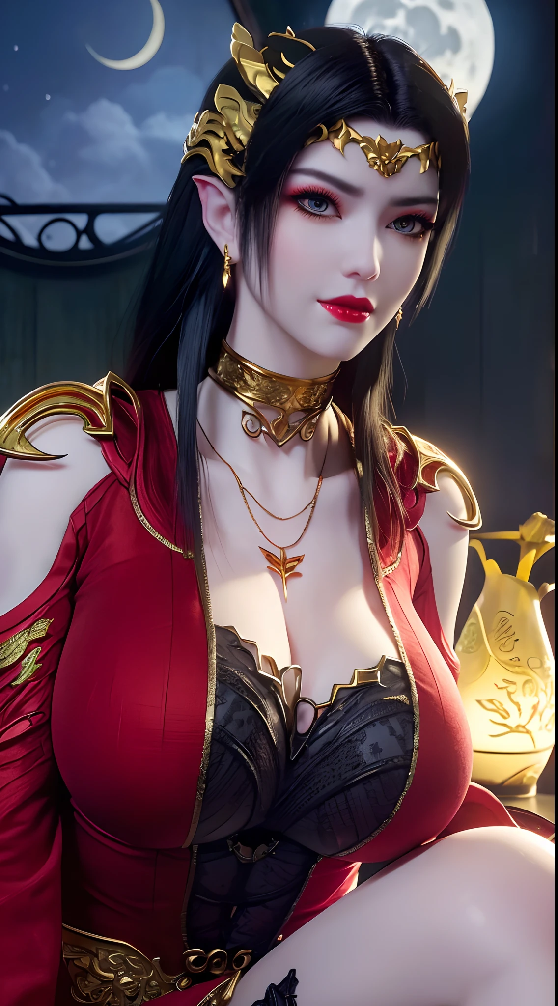 1 extremely beautiful queen, ((wears a red traditional Han costume with thin black patterns:1.6)), (((Patterns on clothes:1.6))), ((long black hair:1.6)), jewelry elaborately made from precious stones and beautiful hair, ((wearing a 24k gold lace necklace:1.4))), the noble, noble style of an extremely beautiful girl, her small face is super cute, her face is very pretty, thin eyebrows, flawless beautiful face, ((black eye pupils: 0.8)), very beautiful eyes, ((platinum blue eyes: 1.6)), (((big round eyes:1.6))), nice makeup and hair detailed eyelashes, steamy eye makeup, high nose, earrings, red lips, ((closed mouth: 1.5)) beautiful lips, slim hands, most beautiful thighs, ((arms spread out to the sides: 1.5)), rosy face, clean face, flawless beautiful face, smooth white skin, (big breasts: 1.5)), ((high breasts: 1.6)), tight breasts, beautiful cleavage, (((big breasts and super round: 1.8))), ((super tight breasts: 1.7)) , beautiful breasts, perfect body, back arms, chest out, thin black mesh stockings with black lace trim, 8k photo, super high quality, super realistic, super 10x pixels, optical, bright studio, bright edges, dual-tone lighting, (high-detail skin:1.2), super 8k, soft lighting, high quality, volumetric lighting, photorealistic, photorealistic high resolution, lighting, best photo, 4k, 8k quality, blur effect, smooth sharp, 10 x pixel, ((sea and moonlight at night background:1.5)), aurora, lightning, super graphics realistic, most realistic graphics, 1 girl, alone, solo, Extremely sharp image, surreal, (((frontal portrait: 1)))."