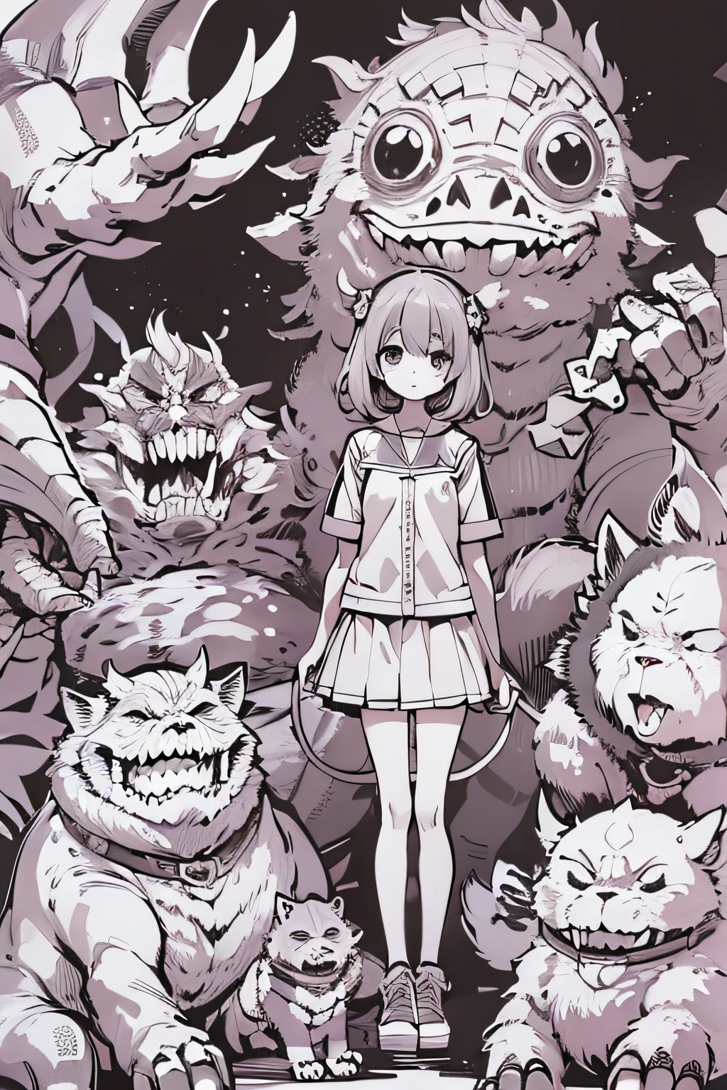 A cartoon picture of a girl standing in front of a bunch of monsters -  SeaArt AI