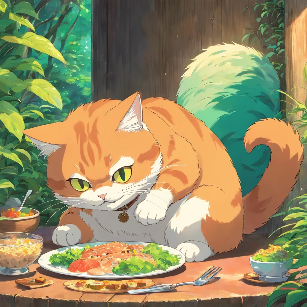 Anime cat sitting on a table with a plate of food - SeaArt AI