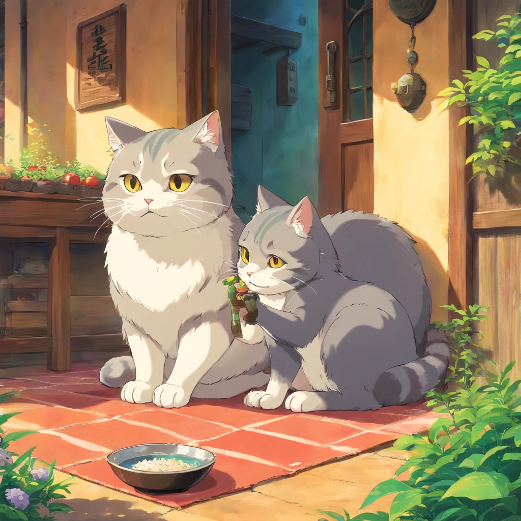 Anime cat sitting on a rug next to a bowl of food - SeaArt AI