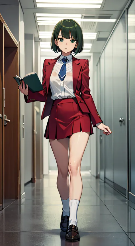 ((masutepiece, of the highest quality)), (Solo), profile, Built and oriented for cameras, profile,uniform, Long white shirt, Blue tie, Red Blazer, Red vest, Beige skirt, Skirt is knee-length,Blue High Socks, Loafer shoes, Teen Girl, small tits , Slender th...