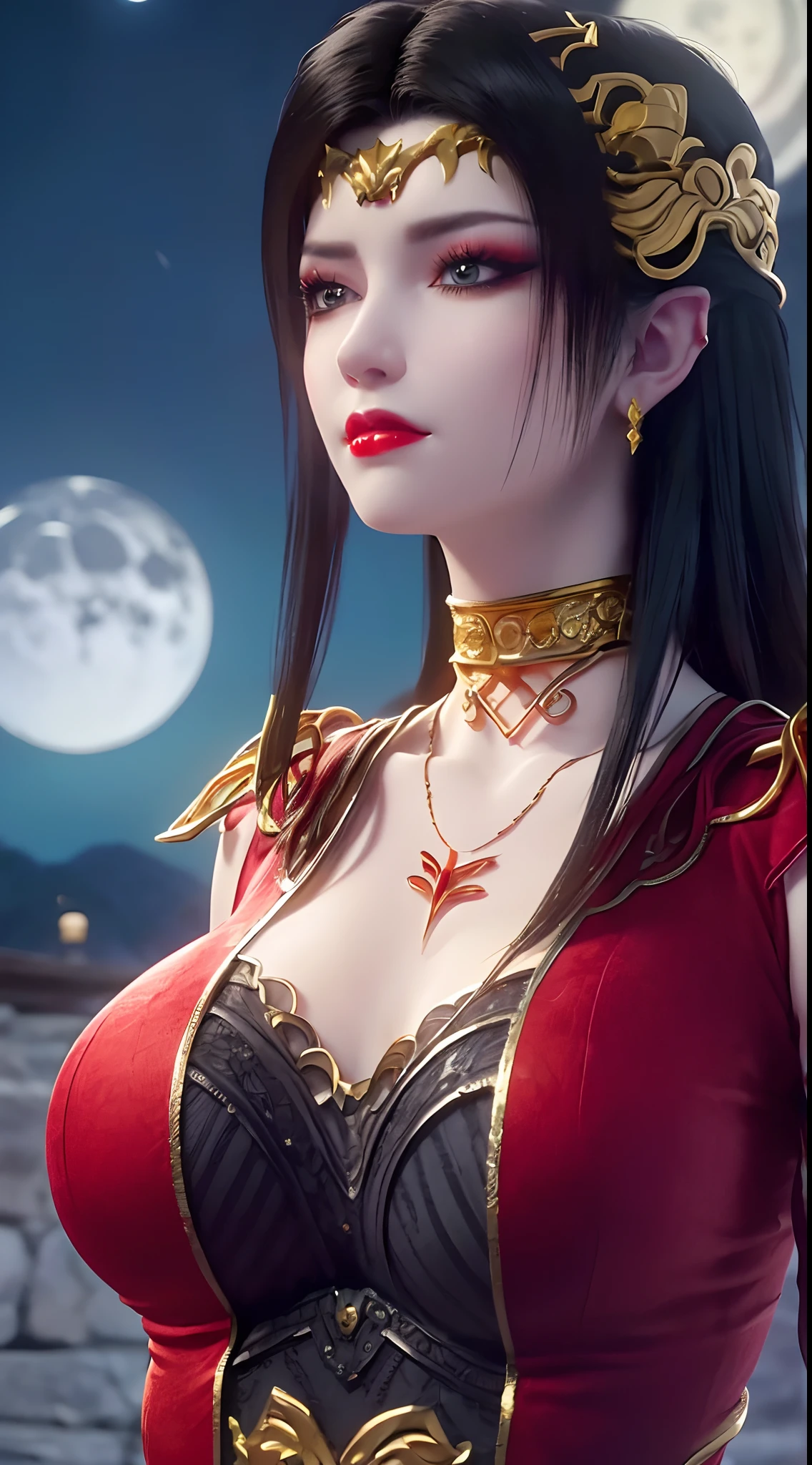 1 extrem schöne Königin, ((trägt ein rotes traditionelles Han-Kostüm mit dünnen schwarzen Mustern:1.6)), (((Muster auf der Kleidung:1.6))), ((langes schwarzes Haar:1.6)), Schmuck aufwendig gefertigt aus Edelsteinen und schönen Haaren, ((trägt eine 24 Karat Goldspitze Halskette:1.4))), der Edle, edler Stil eines überaus schönen Mädchens, ihr kleines Gesicht ist super süß, ihr Gesicht ist sehr hübsch, dünne Augenbrauen, makellos schönes Gesicht, ((blaue Pupillen: 0.8)), sehr schöne Augen, ((platinblaue Augen: 1.6)), (((Augen weit geöffnet:1.6))), schönes Make-up und Haare detaillierte Wimpern, dampfendes Augen-Makeup, hohe Nase, Ohrringe, rote Lippen, ((geschlossener Mund: 1.5)) schöne Lippen, schlanke Hände, die schönsten Oberschenkel, ((die Arme seitlich ausgebreitet: 1.5)), rosiges Gesicht, sauberes Gesicht, makellos schönes Gesicht, glatte weiße Haut, (große Brüste: 1.5)), ((hohe Brüste: 1.6)), straffe Brüste, schönes Dekolleté, (((große Brüste and super round: 1.8))), ((super straffe Brüste: 1.7)) , schöne Brüste, perfekter Körper, Rücken Arme, Brust raus, dünne schwarze Netzstrümpfe mit schwarzem Spitzenbesatz, 8k Foto, super gute Qualität, super realistisch, super 10x pixels, optisch, helles Studio, helle Kanten, dual-tone Beleuchtung, (hochdetaillierte Haut:1.2), Super 8k, soft Beleuchtung, gute Qualität, volumetric Beleuchtung, fotorealistisch, fotorealistisch high resolution, Beleuchtung, bestes Foto, 4k, 8K-Qualität, Unschärfeeffekt, glatt scharf, 10 x pixel, ((Meer und Mondlicht bei Nacht Hintergrund:1.5)), Polarlicht, Blitz, super Grafik realistisch, realistischste Grafik, 1 Mädchen, allein, Allein, Extrem scharfes Bild, surreal, (((Frontalporträt: 1)))."