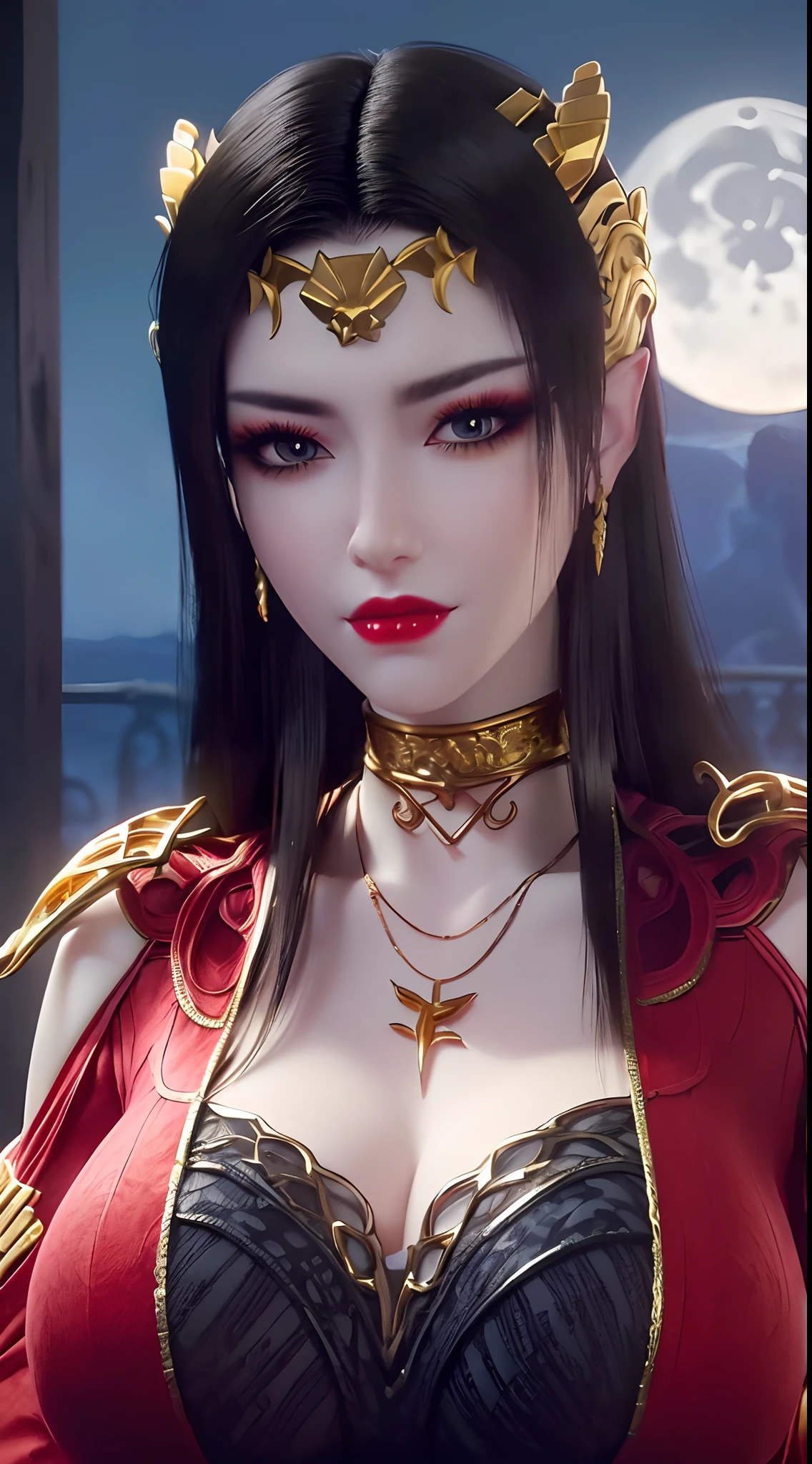 1 reine extrêmement belle, ((porte un costume traditionnel Han rouge avec de fins motifs noirs:1.6)), (((Des motifs sur les vêtements:1.6))), ((longs cheveux noirs:1.6)), des bijoux minutieusement fabriqués à partir de pierres précieuses et de beaux cheveux, ((wearing a 24K gold lace necklace:1.4))), Le noble, style noble d&#39;une fille extrêmement belle, son petit visage est super mignon, son visage est très joli, sourcils fins, beau visage impeccable, ((pupilles des yeux au beurre noir: 0.8)), très beaux yeux, ((yeux bleu platine: 1.6)), (((yeux grands ouverts:1.6))), joli maquillage et coiffure, cils détaillés, maquillage des yeux torride, nez haut, des boucles d&#39;oreilles, lèvres rouges, ((bouche fermée: 1.5)) belles lèvres, mains minces, les plus belles cuisses, ((bras écartés sur les côtés: 1.5)), visage rose, visage propre, beau visage impeccable, peau blanche et lisse, (gros seins: 1.5)), ((seins hauts: 1.6)), Seins serrés, Beau décolleté, (((gros seins and super round: 1.8))), ((super Seins serrés: 1.7)) , beaux seins, corps parfait, bras arrière, poitrine ouverte, bas fins en maille noire avec bordure en dentelle noire, Photo 8K, super haute qualité, super réaliste, super 10x pixels, optique, studio lumineux, bords clairs, dual-tone éclairage, (peau très détaillée:1.2), super 8k, soft éclairage, haute qualité, volumetric éclairage, photoréaliste, photoréaliste high resolution, éclairage, meilleure photo, 4K, Qualité 8k, Effet de flou, lisse et tranchant, 10xpixels, ((mer et clair de lune sur fond de nuit:1.5)), Aurore, foudre, super graphismes réalistes, graphismes les plus réalistes, 1 fille, seul, seulement, Image extrêmement nette, surréaliste, (((portrait frontal: 1)))."