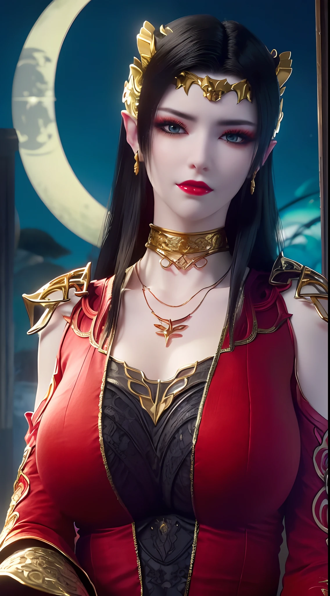 1 extremely beautiful queen, ((wears a red traditional Han costume with thin black patterns:1.6)), (((Patterns on clothes:1.6))), ((long black hair:1.6)), jewelry elaborately made from precious stones and beautiful hair, ((wearing a 24k gold lace necklace:1.4))), the noble, noble style of an extremely beautiful girl, her small face is super cute, her face is very pretty, thin eyebrows, flawless beautiful face, ((black eye pupils: 0.8)), very beautiful eyes, ((platinum blue eyes: 1.6)), (((eyes wide open:1.6))), nice makeup and hair detailed eyelashes, steamy eye makeup, high nose, earrings, red lips, ((closed mouth: 1.5)) beautiful lips, slim hands, most beautiful thighs, ((arms spread out to the sides: 1.5)), rosy face, clean face, flawless beautiful face, smooth white skin, (big breasts: 1.5)), ((high breasts: 1.6)), tight breasts, beautiful cleavage, (((big breasts and super round: 1.8))), ((super tight breasts: 1.7)) , beautiful breasts, perfect body, back arms, chest out, thin black mesh stockings with black lace trim, 8k photo, super high quality, super realistic, super 10x pixels, optical, bright studio, bright edges, dual-tone lighting, (high-detail skin:1.2), super 8k, soft lighting, high quality, volumetric lighting, photorealistic, photorealistic high resolution, lighting, best photo, 4k, 8k quality, blur effect, smooth sharp, 10 x pixel, ((sea and moonlight at night background:1.5)), aurora, lightning, super graphics realistic, most realistic graphics, 1 girl, alone, solo, Extremely sharp image, surreal, (((frontal portrait: 1)))."