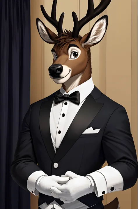 masterpiece, best quality, highres, 1male, solo, deer male, furry, black tuxedo,  white formal gloves, smile,  butler,