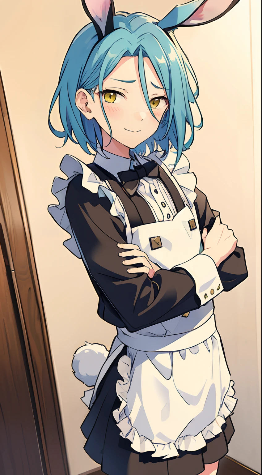 Anime character with blue hair and bunny ears in a maid outfit - SeaArt AI