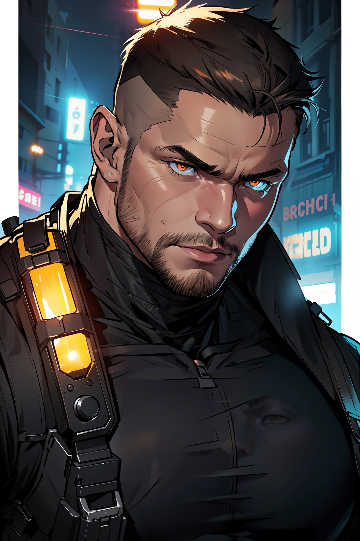 muscular man, thin beard, young, young adult, short hair, Military Haircut, huge, large shoulders, hunk, bara, black shirt, simple shirt, big arms, ((light bokeh)), intricate, elegant, sharp focus, photo by greg rutkowski, soft lighting, vibrant colors, (masterpiece), ((streets)), (detailed face), looking at viewer, orange eyes, glowing eyes, cowboy shot, action pose, half body portrait, thunder storm, ,glitter,neolight ,Contrast Pop Art