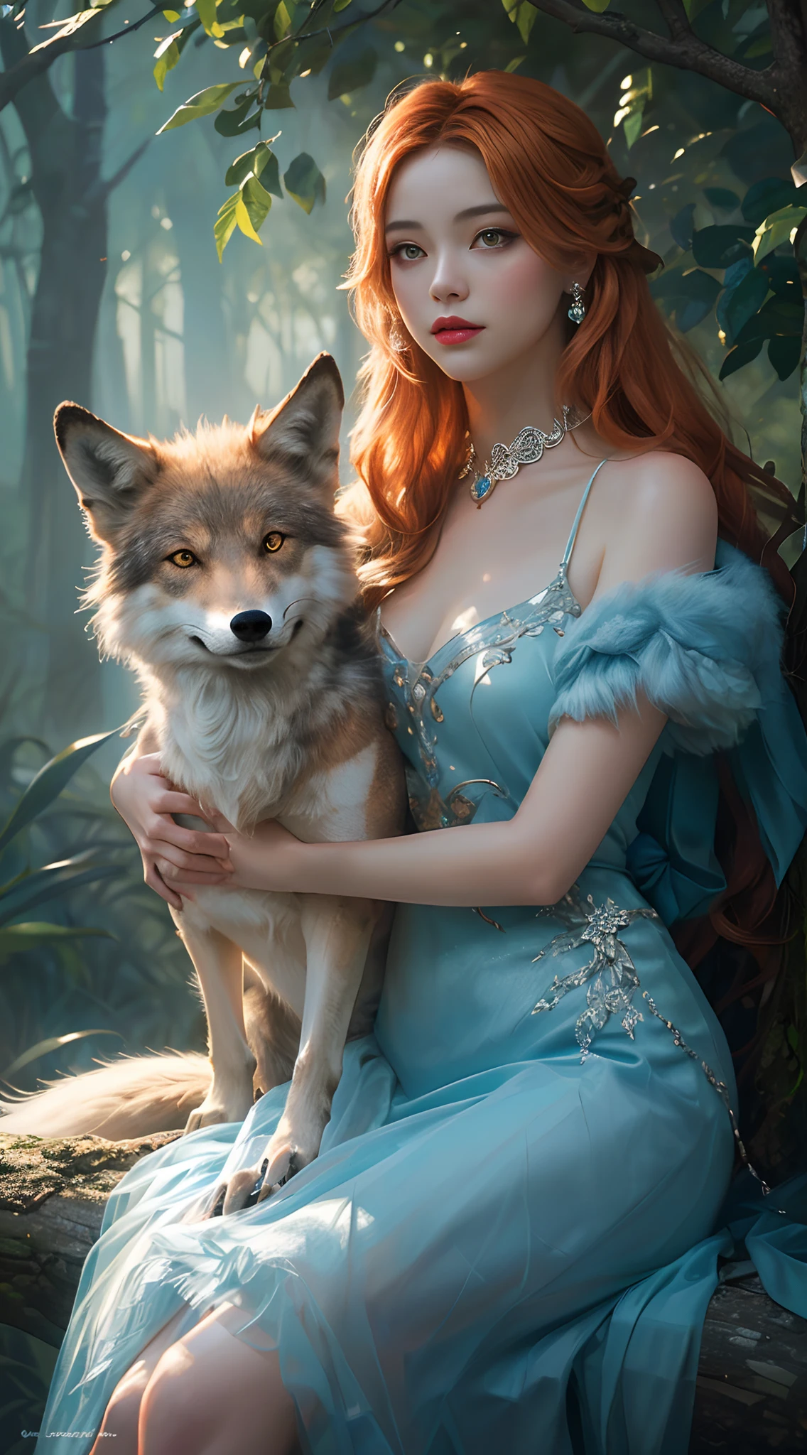 For, masterpiece, beautiful details, colorful, delicate details, complex details, real, ultra realistic, a girl with orange hair sitting on a branch: 1.1, sexy, wolves behind, seducer, ethereal fox, nine-tailed fox, three wolves, beautiful art illustration, mythical creatures, wolves, beautiful digital art, exquisite digital illustration, inspired by wildnet mythical creatures, digital art, bright light,  high contrast, comedy movie theme, dark atmosphere