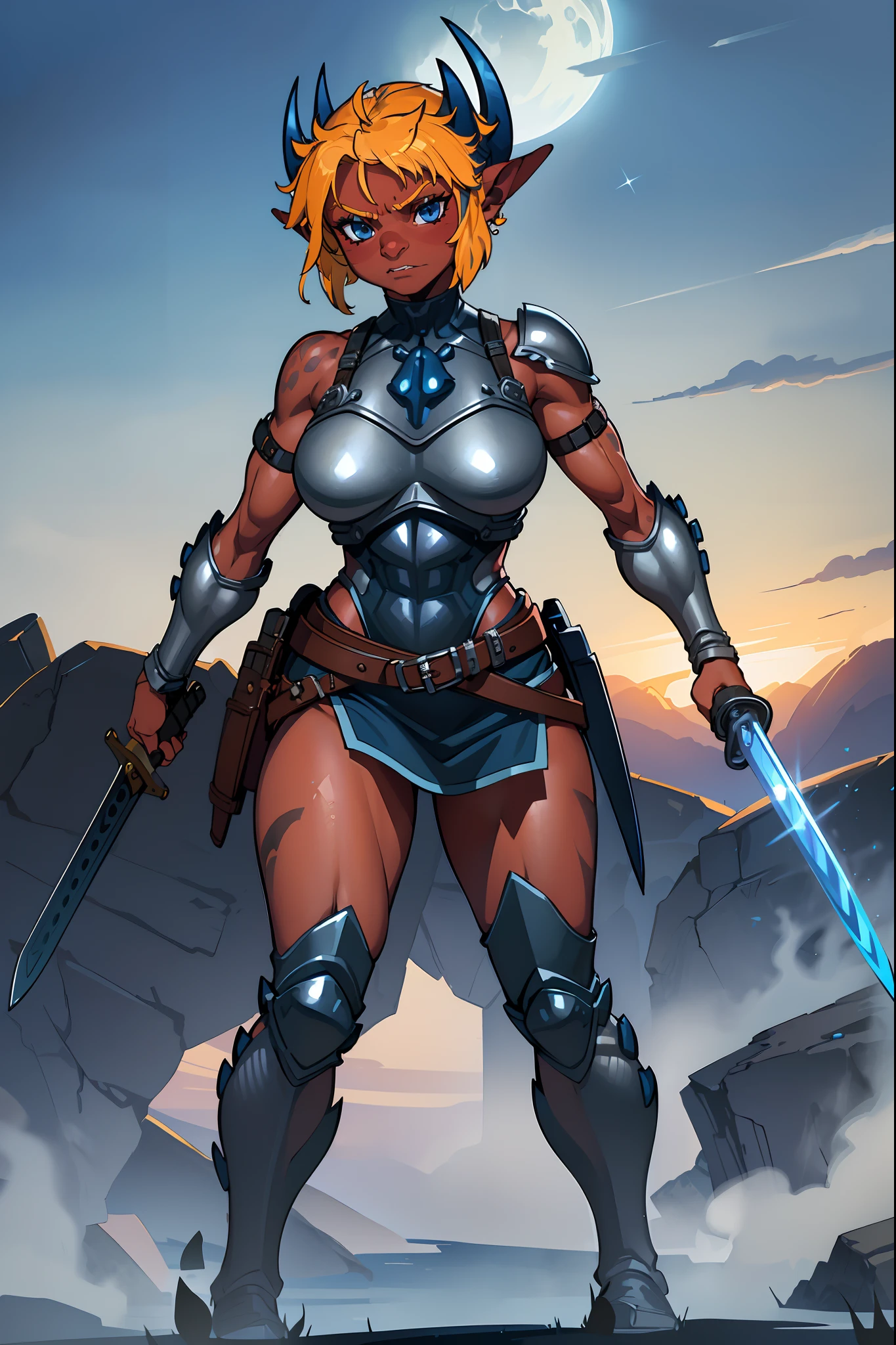 (masterpiece, best quality), outdoors, cowboy shot, 1girl, solo, Arklai, colored skin, tail, large breasts, muscular, abs, biceps, battle cry, clenched hand, (, looking at viewer, breastplate, shoulder armor, leg armor, full armor, holding sword, weapon, holding weapon,standing