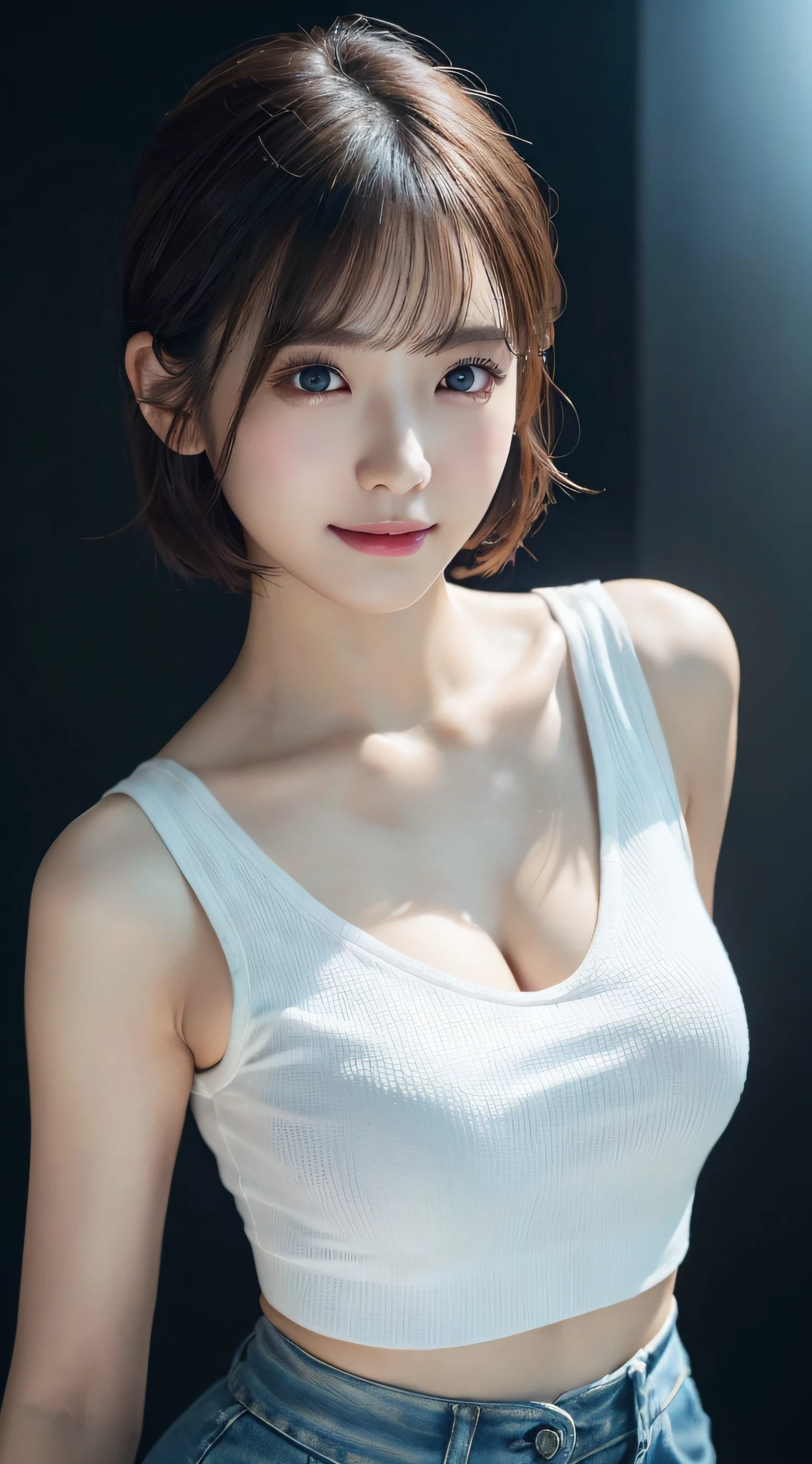 Innocent 20 year old girl、((White tank top, Dramatic poses)),Smile,short-cut,Natural park、Raw photo, (8K、top-quality、​masterpiece:1.2)、(intricate detailes:1.4)、(Photorealsitic:1.4)、octane renderings、Complex 3D rendering ultra detail, Studio Soft Light, Rim Lights, vibrant detail, super detailing, realistic skin textures, Detail Face, Beautiful detail eyes, Very detailed CG Unity 16k wallpaper, make - up, (detailedbackground:1.2), shinny skin, Full body、cleavage of the breast,((Standing with hands folded behind your back、Leaning forward、Angle from above))