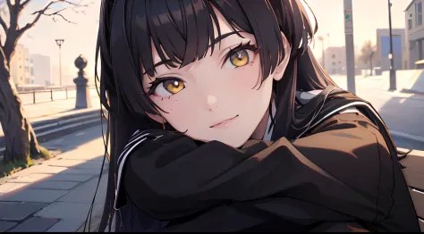 masterpiece, best quality, 1girl, black hair, ,yellow eyes, school uniform, hoodie, sitting on a bench, smiling, closed up, deta...