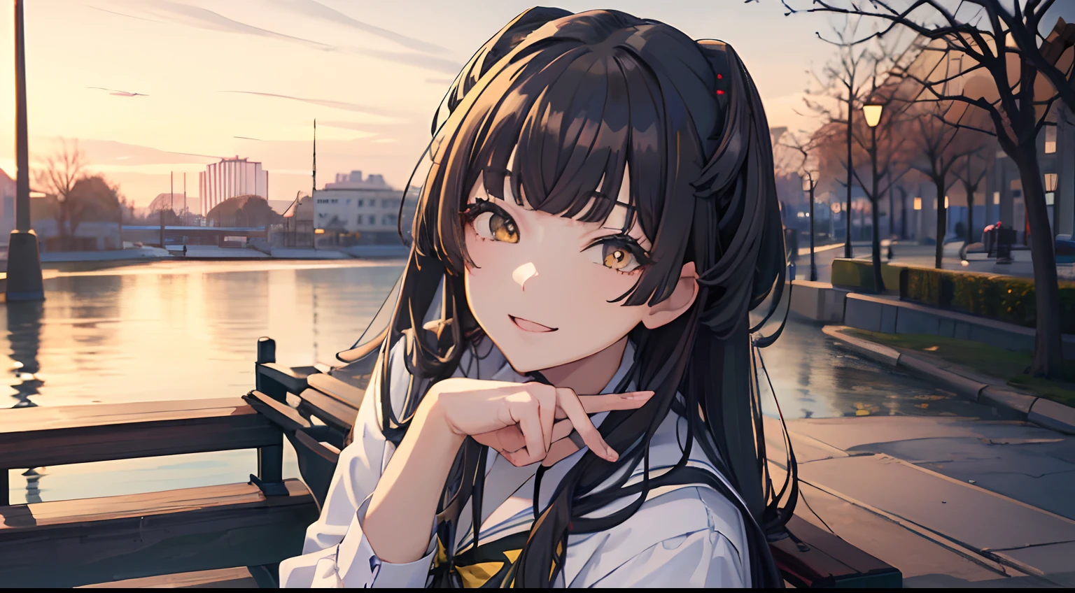 masterpiece, best quality, 1girl, black hair, ,yellow eyes, school uniform, hoodie, sitting on a bench, smiling, closed up, detailed background, detailed eyes, detailed facial features, realistic and high resolution (best quality, 4k, 8k, highres, masterpiece:1.2).