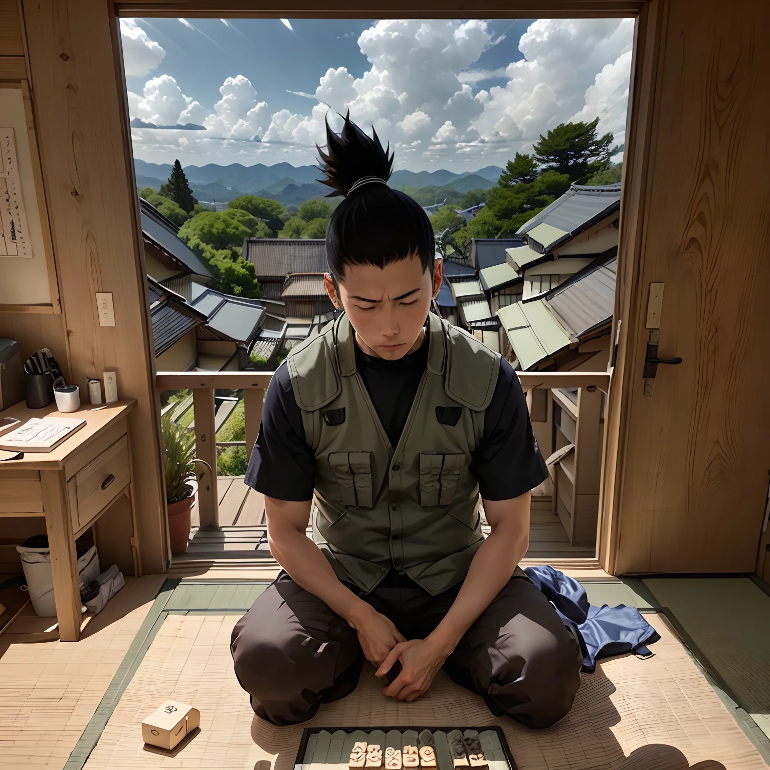 Nara Shikamaru, 1人の男の子, 一人で, 無表情, 退屈, 机の前に座る, 粗野な部屋, 日光, 伝統的な和室、畳、窓の外, 青空の雲、黒いシャツの上に緑のベスト、(8K、RAW写真、最高品質、​masterピース:1.2)、(現実的な、フォトリアリスティック:1.37)、超詳細な、将棋をする、Japan 将棋、高い_将棋_ピース_立つ