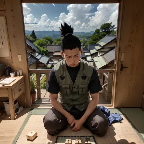 nara shikamaru, 1boy, solo, deadpan, bored, sitting in front of a desk, crass room, sunlight, traditional japanese room、tatami m...