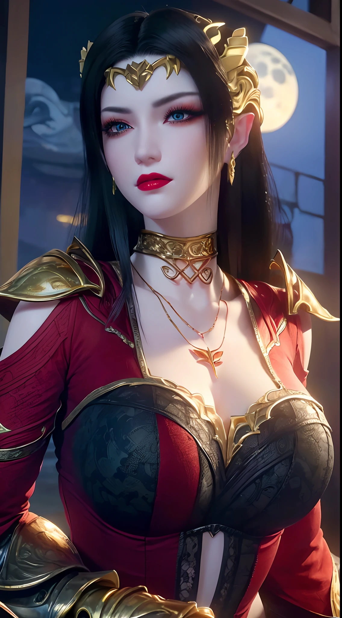 1 extremely beautiful queens,((wearing sexy red and black armor :1.6)), (((Eye-catching patterns on the shirt:1.6))), ((long black hair:1.6)), jewelry elaborately made from precious stones and beautiful hair, ((wearing a 24k gold lace necklace:1.4))), the noble, noble style of an extremely beautiful girl, her small face is super cute, her face is very pretty, thin eyebrows, flawless beautiful face, ((black eye pupils: 0.8)), very beautiful eyes, ((platinum blue eyes: 1.6)), (((eyes wide open:1.6))), nice makeup and hair detailed eyelashes, steamy eye makeup, high nose, earrings, red lips, ((closed mouth: 1.5)) beautiful lips, slim hands, most beautiful thighs, ((arms spread out to the sides: 1.5)), rosy face, clean face, flawless beautiful face, smooth white skin, (big breasts: 1.5)), ((high breasts: 1.6)), tight breasts, beautiful cleavage, (((big breasts and super round: 1.8))), ((super tight breasts: 1.7)) , beautiful breasts, perfect body, back arms, chest out, thin black mesh stockings with black lace trim, 8k photo, super high quality, super realistic, super 10x pixels, optical, bright studio, bright edges, dual-tone lighting, (high-detail skin:1.2), super 8k, soft lighting, high quality, volumetric lighting, photorealistic, photorealistic high resolution, lighting, best photo, 4k, 8k quality, blur effect, smooth sharp, 10 x pixel, ((sea and moonlight at night background:1.5)), aurora, lightning, super graphics realistic, most realistic graphics, 1 girl, alone, solo, Extremely sharp image, surreal, (((frontal portrait: 1)))."