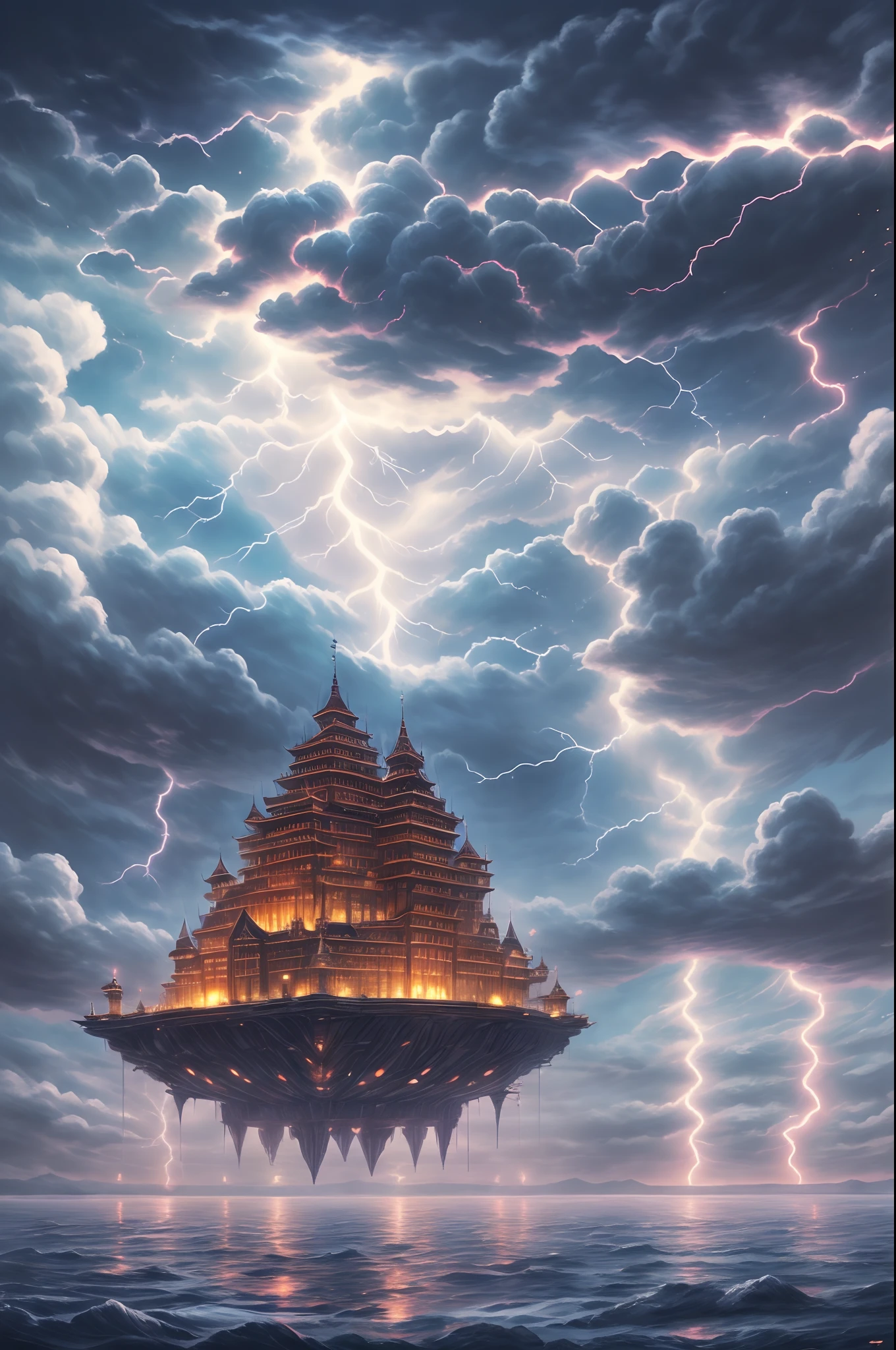 Masterpiece, Best quality, High quality,Beautiful and detailed glow，Fine ice，Beautiful and delicate water，（Huge moving castle：1.5），（Huge floating palace：1.5），Kunai,neowrsk，Cityscape，(Detailed light), Lightning surrounds,(((lightning chain)))