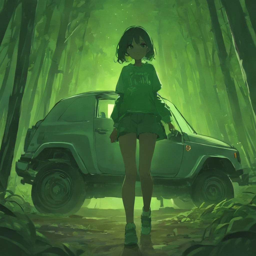 A woman standing in the woods next to a car - SeaArt AI